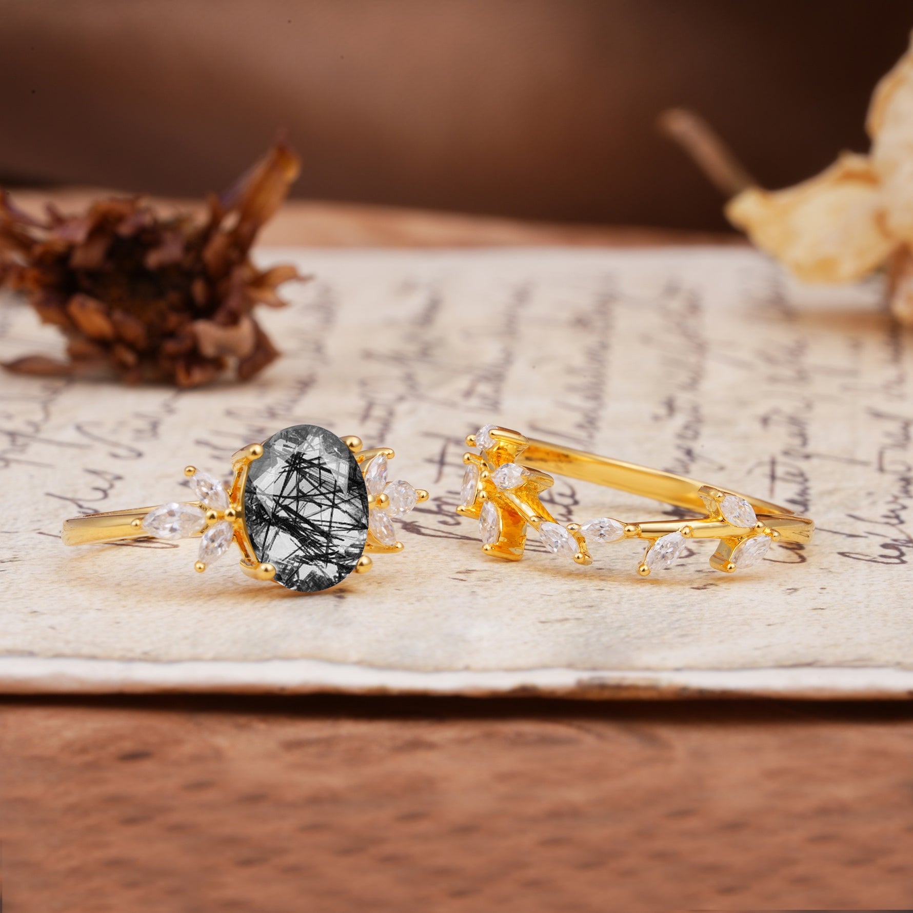 Nature-Inspired, Uniquely Luxurious 4-Prong Oval Cut Black Rutilated Quartz Bridal Ring Set - Additional view