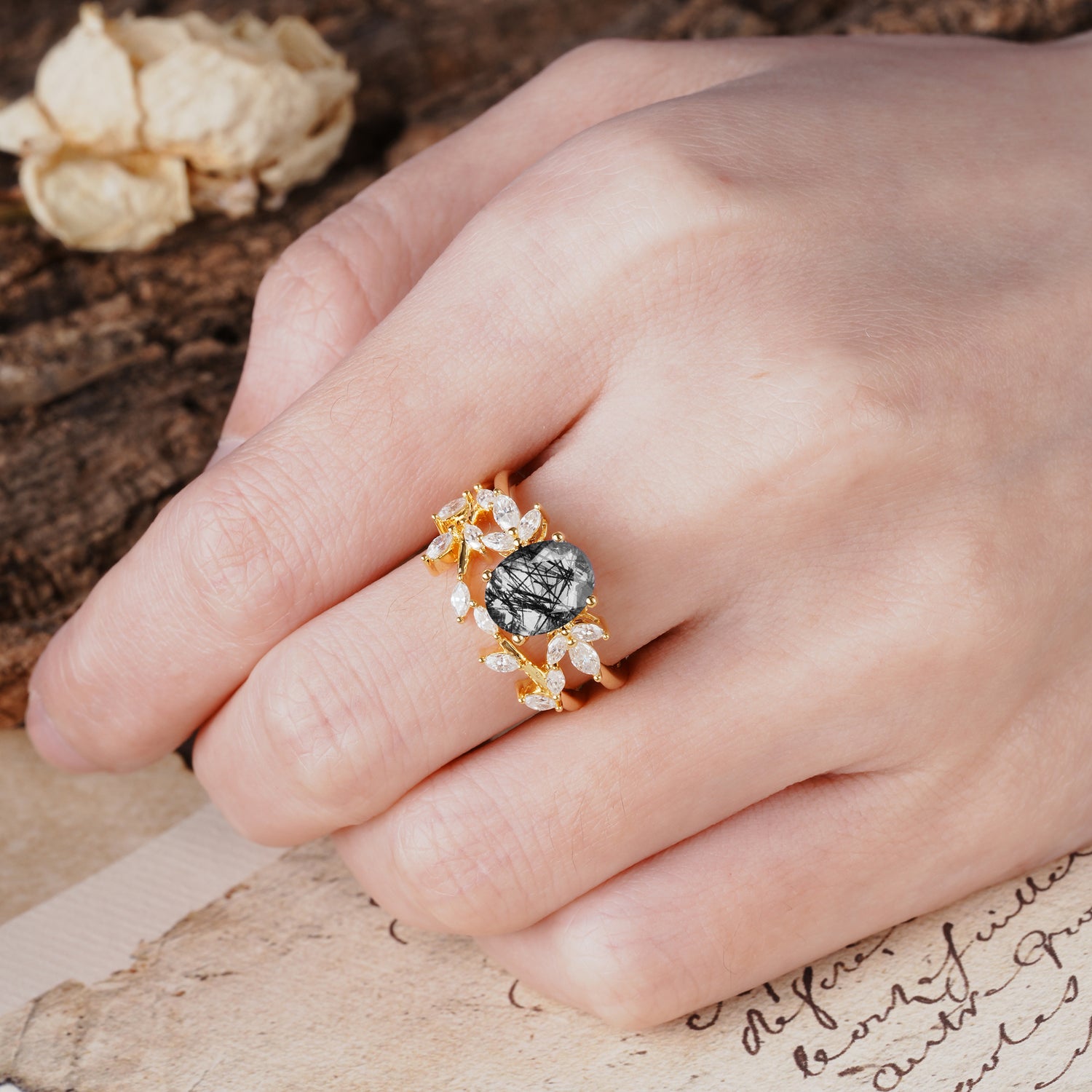 Nature-Inspired, Uniquely Luxurious 4-Prong Oval Cut Black Rutilated Quartz Bridal Ring Set