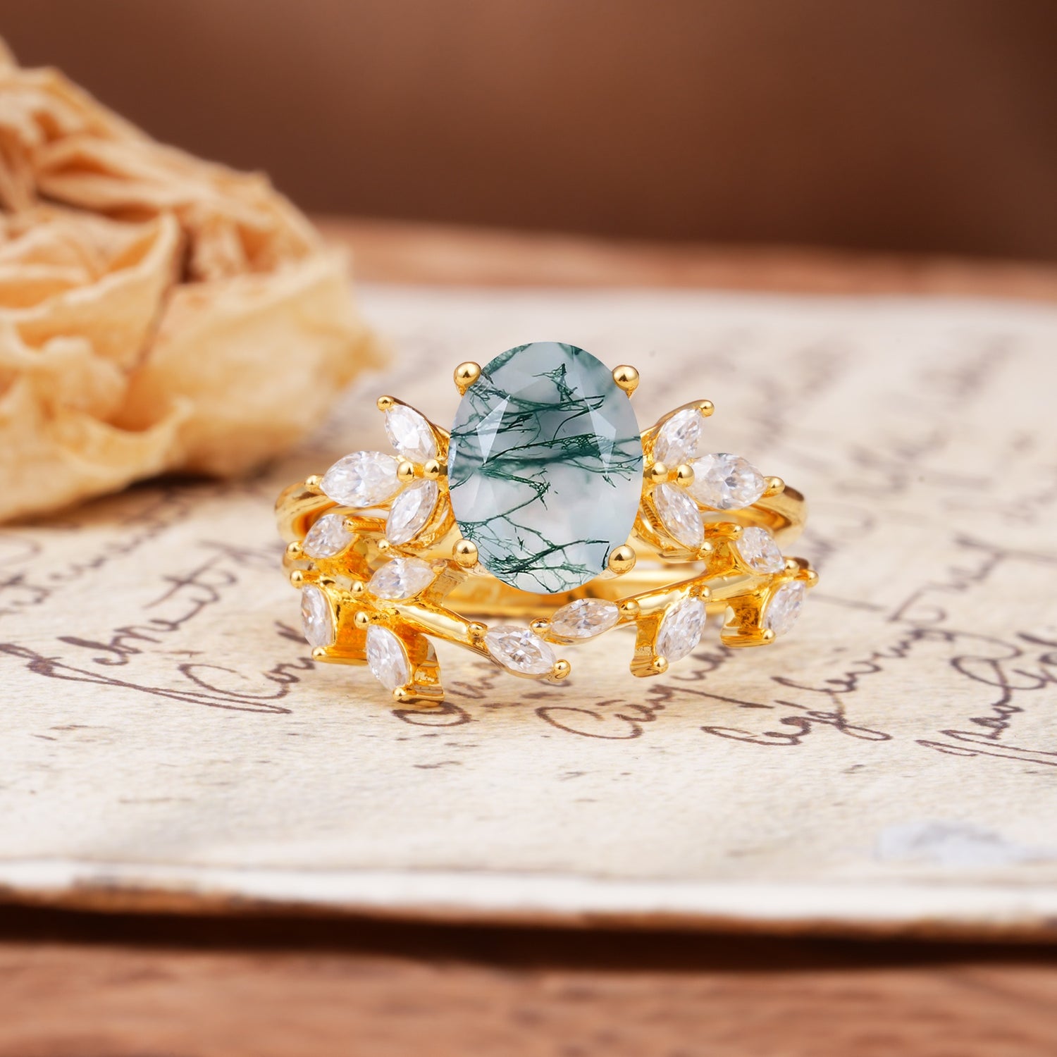 Naturally Inspired Luxury 4-Prong Pear Cut Moss Agate Wedding Bride Ring Set - Yellow-Gold