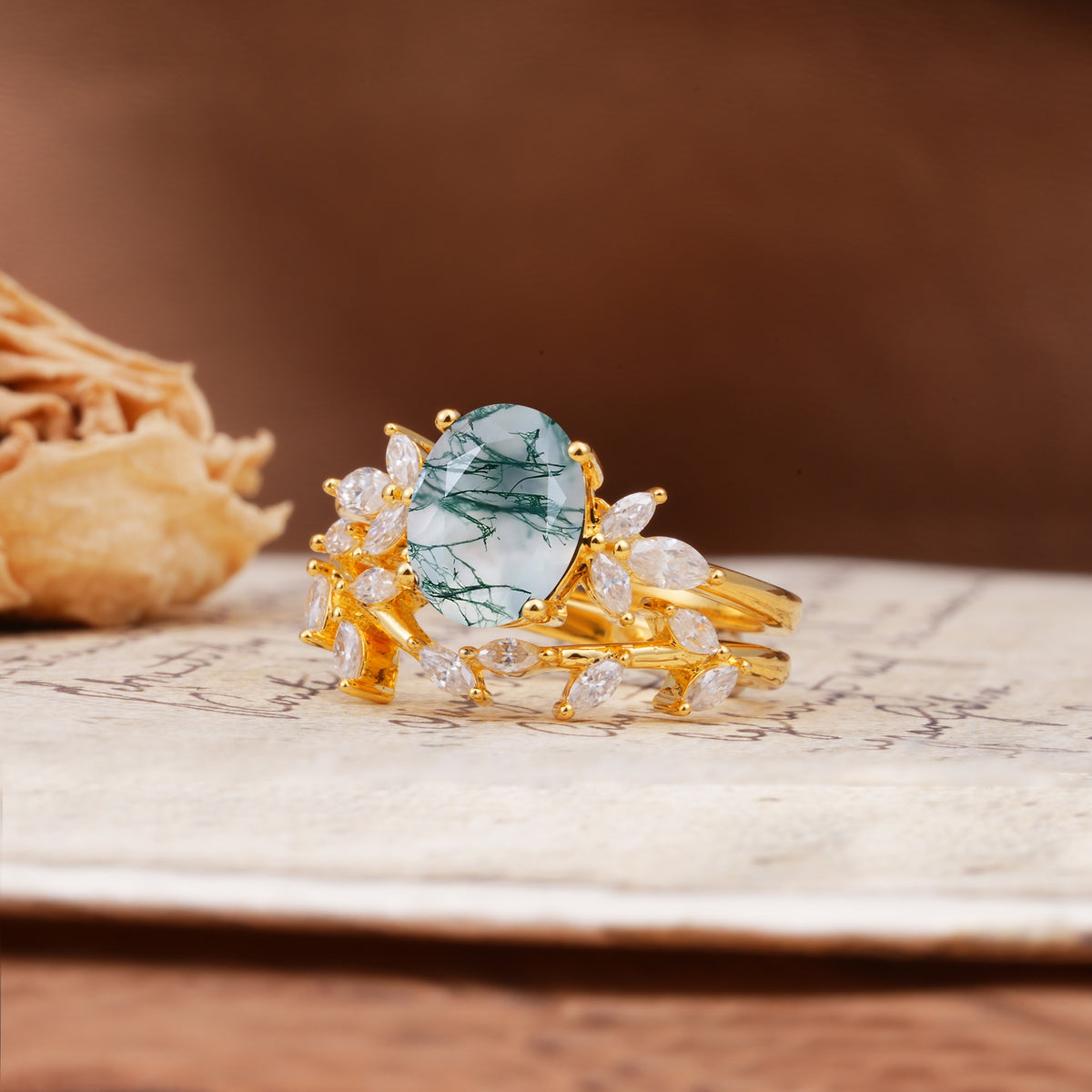 Naturally Inspired Luxury 4-Prong Pear Cut Moss Agate Wedding Bride Ring Set - Rose-Gold