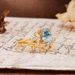 Naturally Inspired Luxury 4-Prong Pear Cut Moss Agate Wedding Bride Ring Set - White-Gold