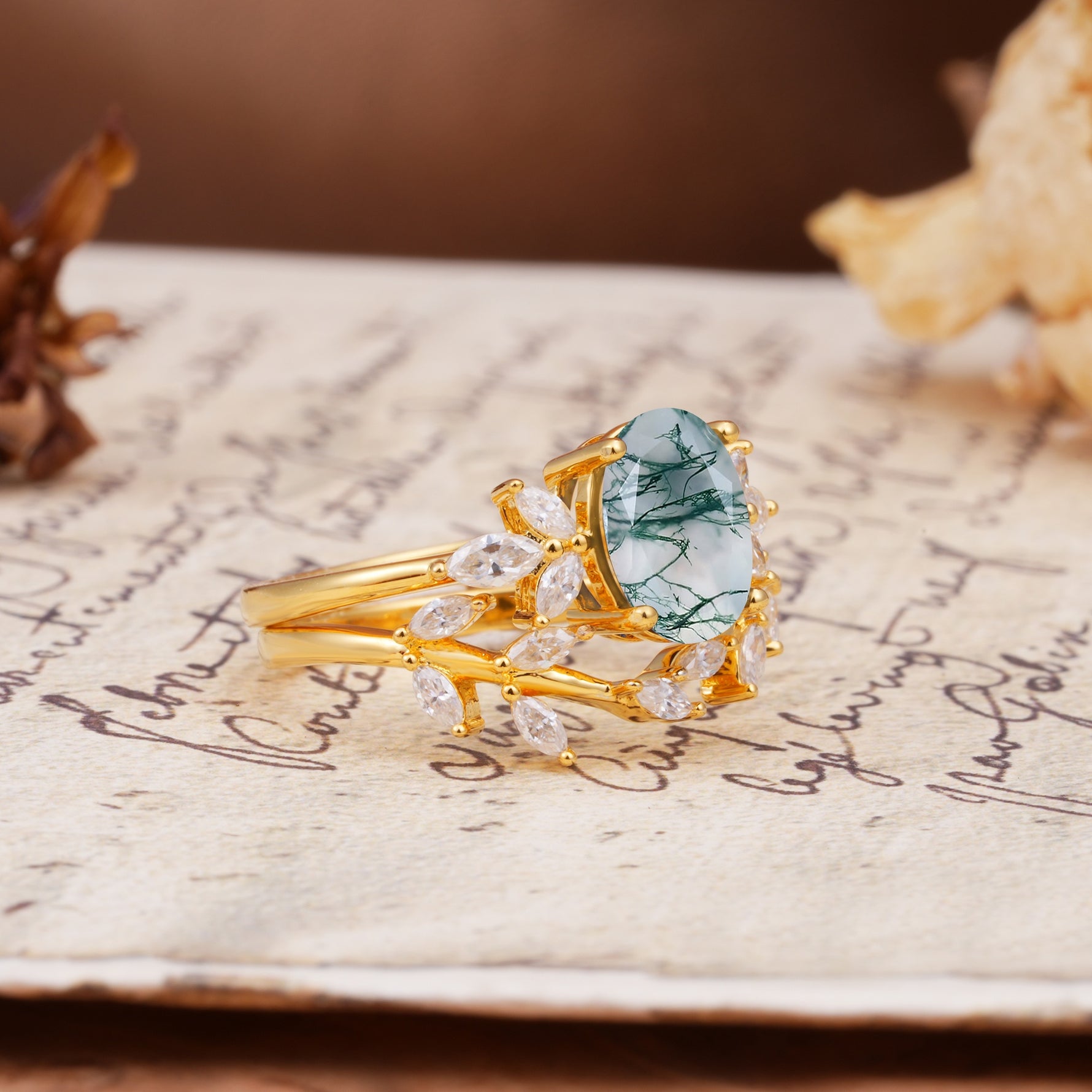 Naturally Inspired Luxury 4-Prong Pear Cut Moss Agate Wedding Bride Ring Set - White-Gold