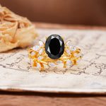 Nature-Inspired, Uniquely Luxurious 4-Prong Oval Cut Black Onyx Bridal Ring Set - Yellow-Gold