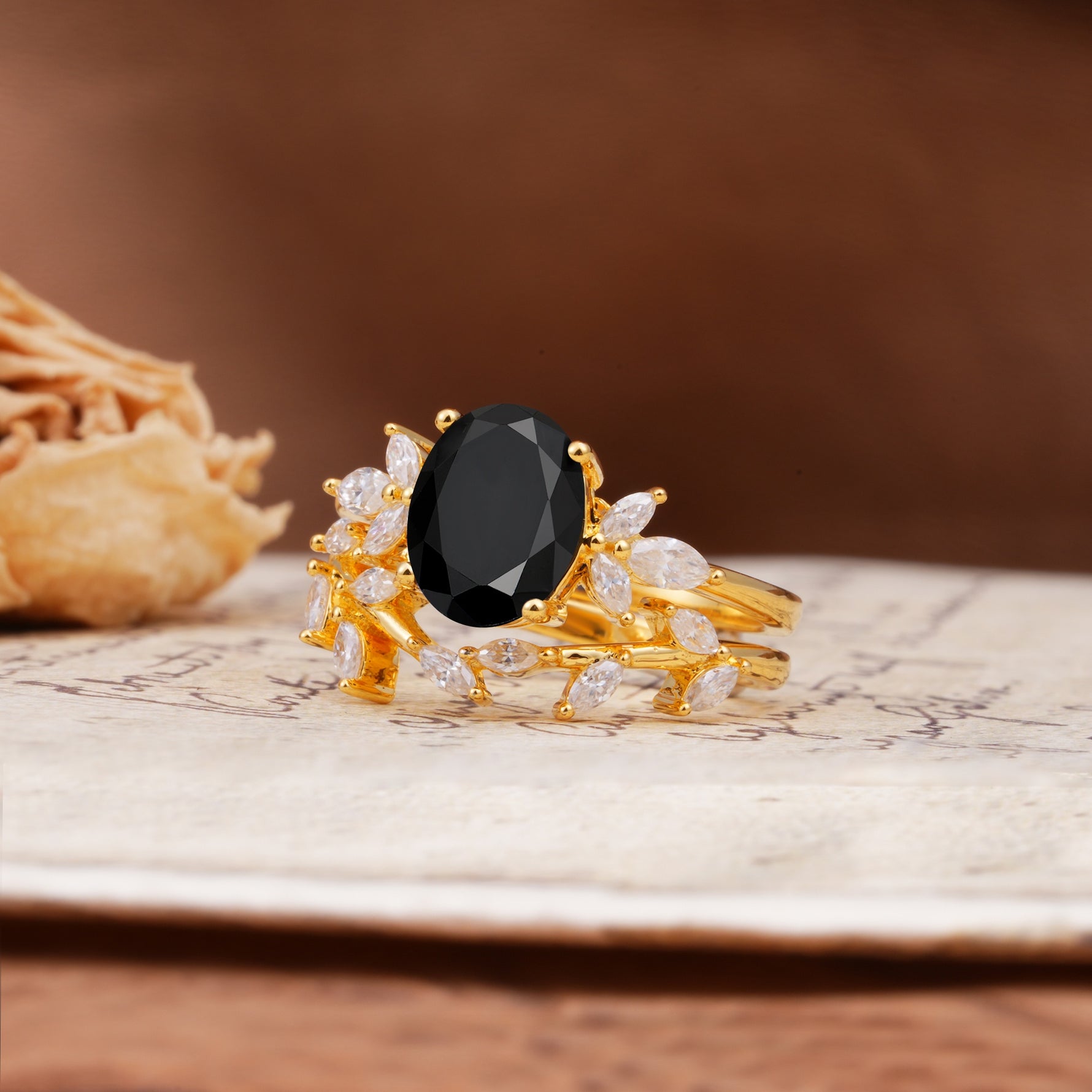 Nature-Inspired, Uniquely Luxurious 4-Prong Oval Cut Black Onyx Bridal Ring Set - Rose-Gold