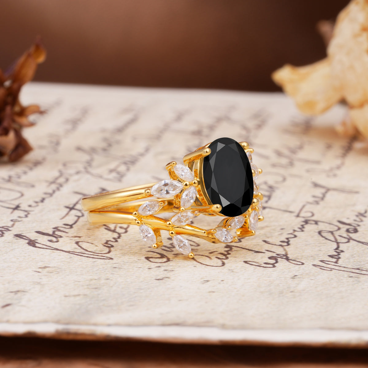 Nature-Inspired, Uniquely Luxurious 4-Prong Oval Cut Black Onyx Bridal Ring Set - White-Gold