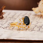 Nature-Inspired, Uniquely Luxurious 4-Prong Oval Cut Black Onyx Bridal Ring Set - White-Gold