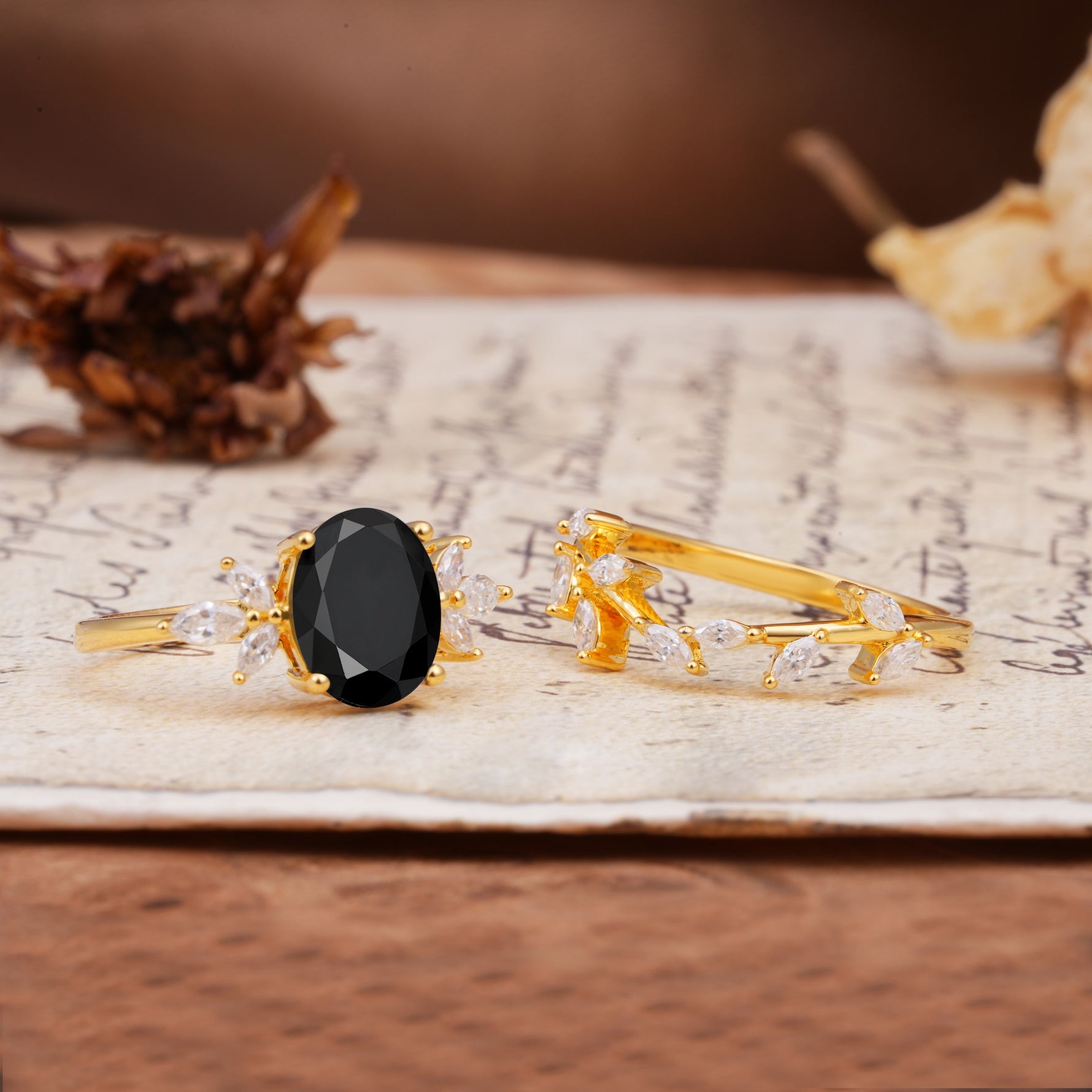 Nature-Inspired, Uniquely Luxurious 4-Prong Oval Cut Black Onyx Bridal Ring Set - Additional view