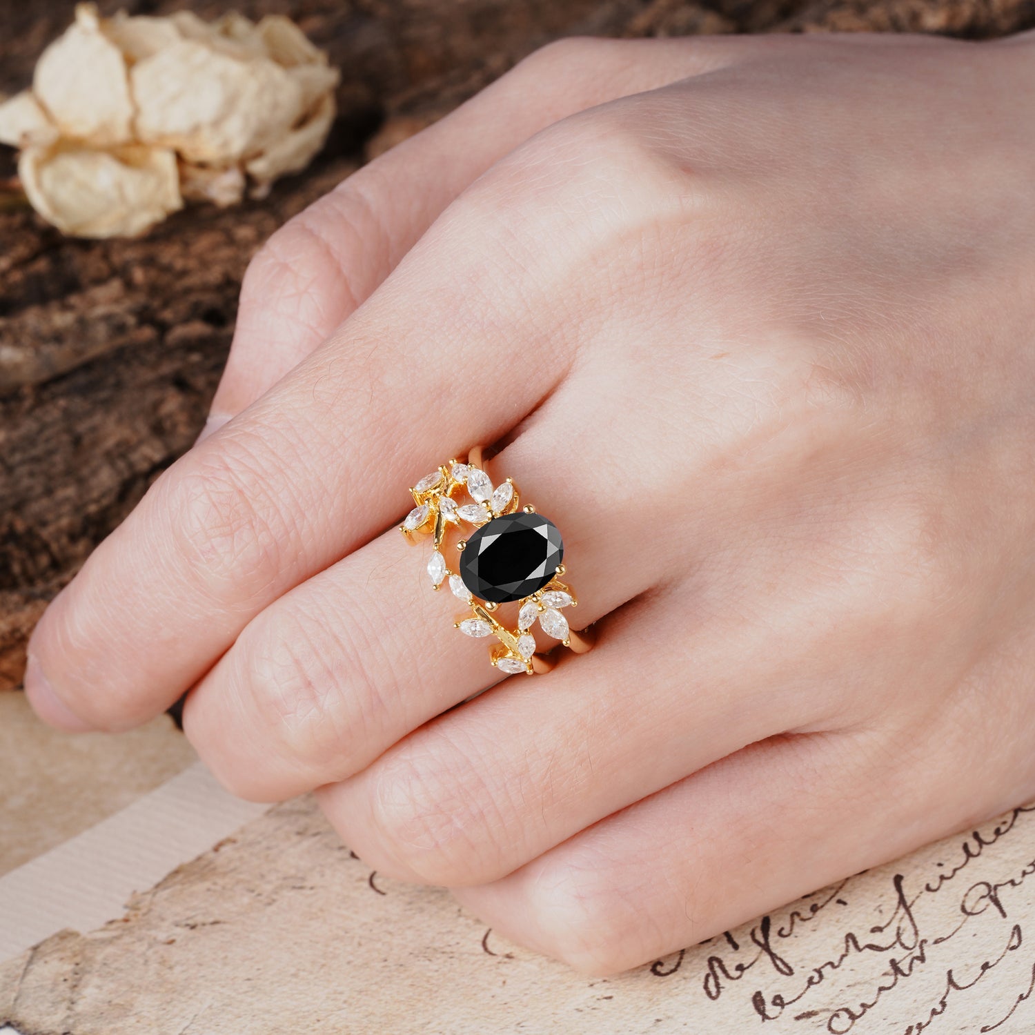 Nature-Inspired, Uniquely Luxurious 4-Prong Oval Cut Black Onyx Bridal Ring Set