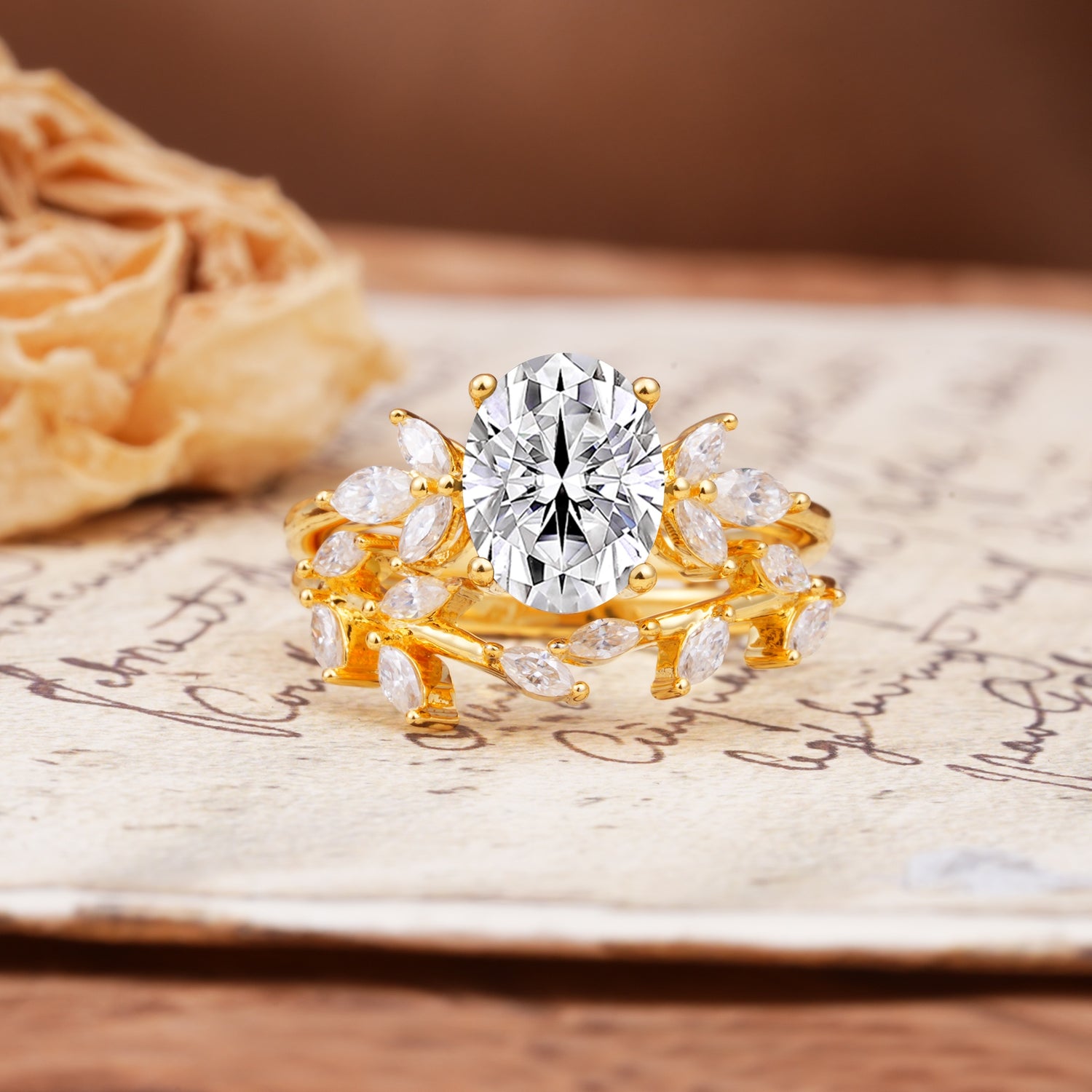 Nature-Inspired, Uniquely Luxurious 4-Prong Oval Cut Lab Diamond Bridal Ring Set - Yellow-Gold
