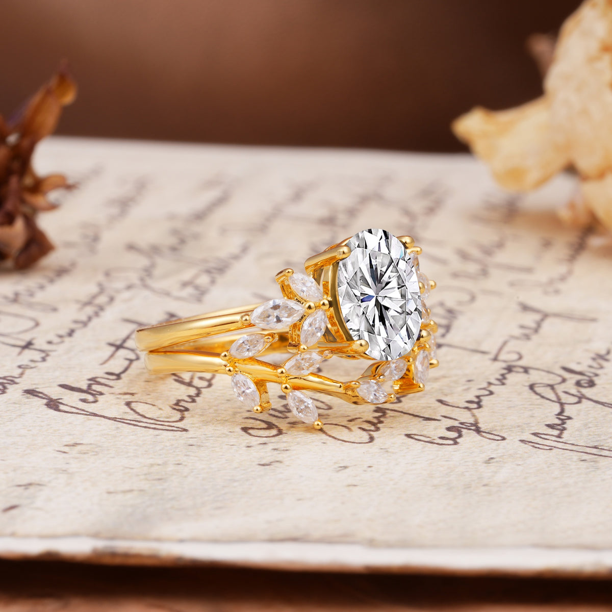 Nature-Inspired, Uniquely Luxurious 4-Prong Oval Cut Lab Diamond Bridal Ring Set - White-Gold
