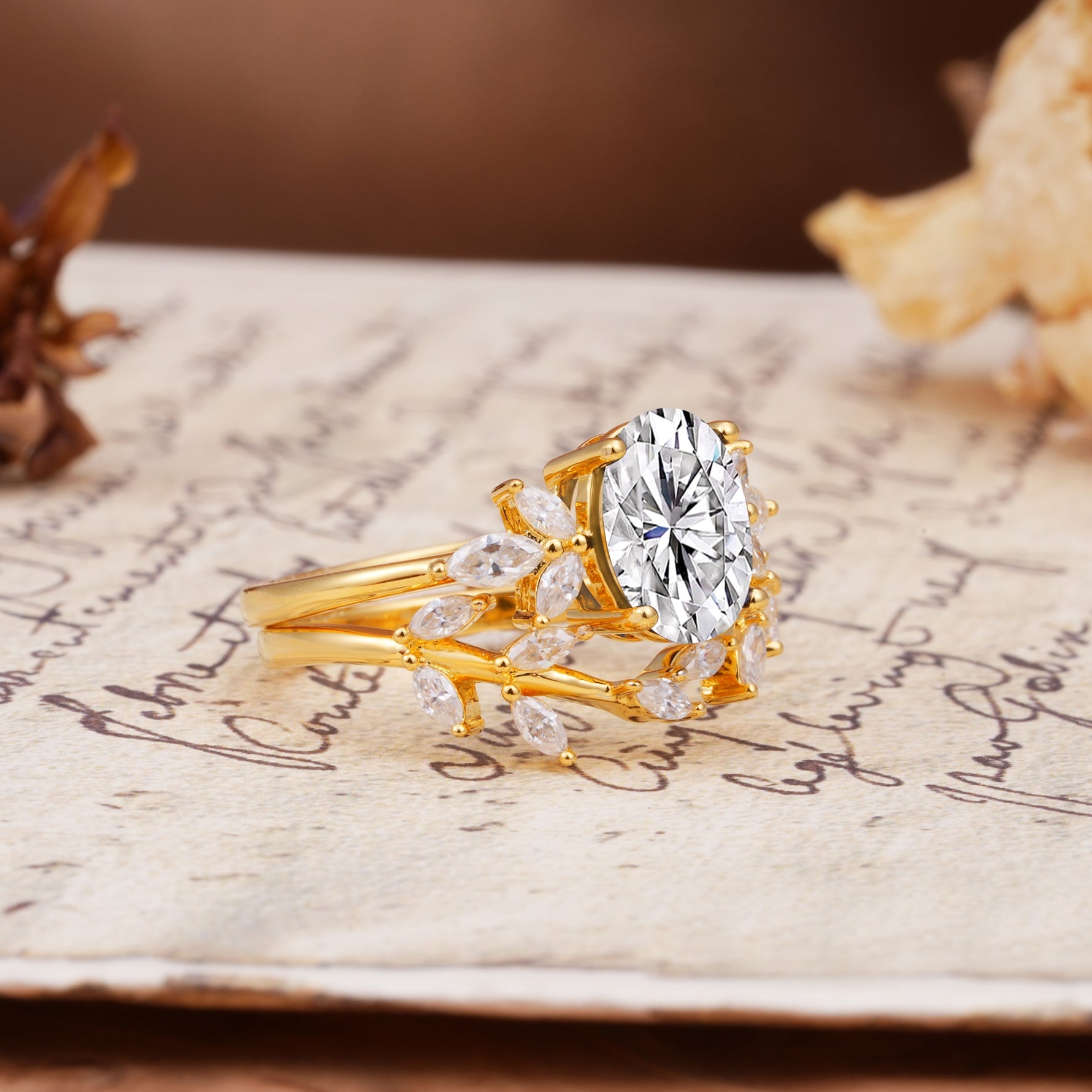 Nature-Inspired, Uniquely Luxurious 4-Prong Oval Cut Lab Diamond Bridal Ring Set - White-Gold