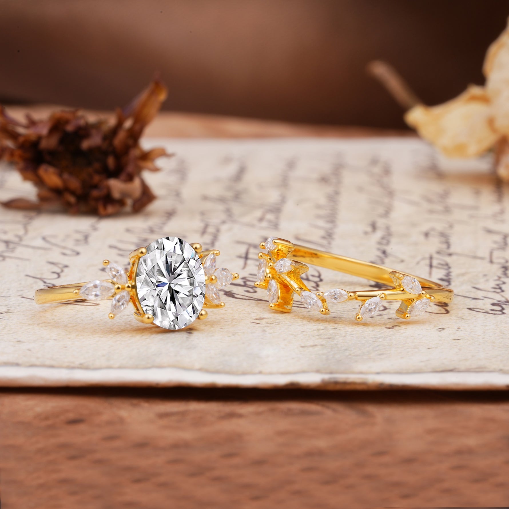 Nature-Inspired, Uniquely Luxurious 4-Prong Oval Cut Lab Diamond Bridal Ring Set - Additional view