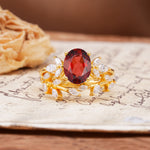 Nature-Inspired, Uniquely Luxurious 4-Prong Oval Cut Garnet Bridal Ring Set - Yellow-Gold