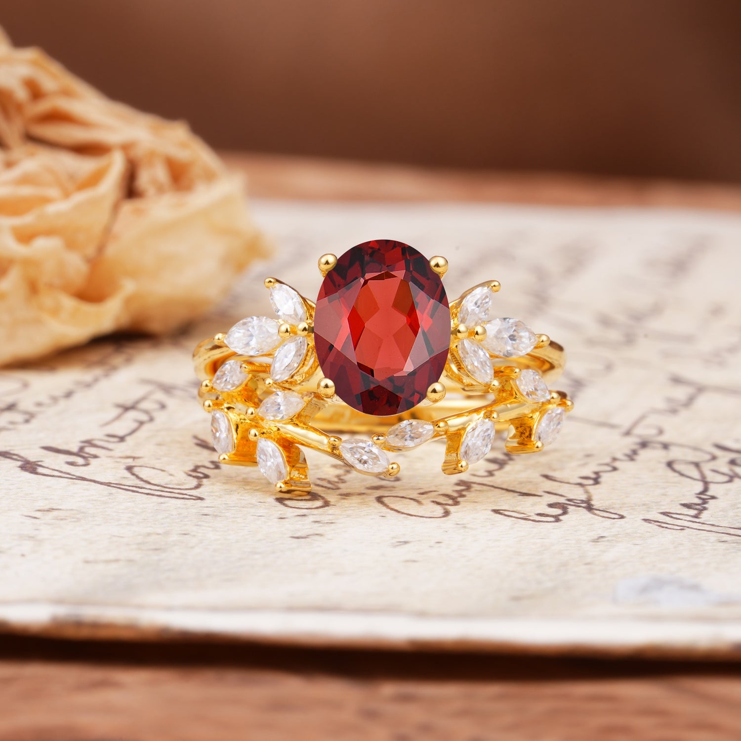 Nature-Inspired, Uniquely Luxurious 4-Prong Oval Cut Garnet Bridal Ring Set - Yellow-Gold