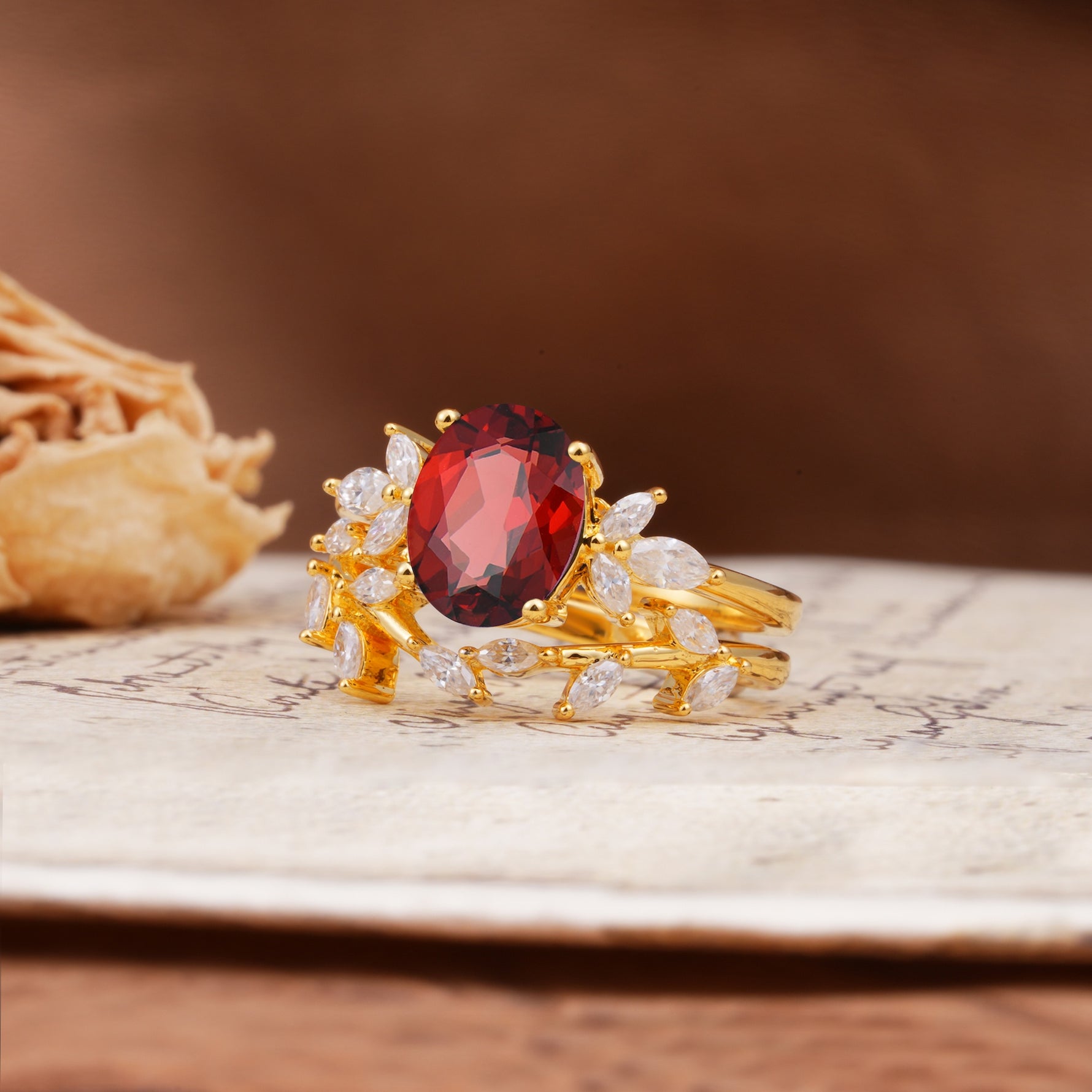 Nature-Inspired, Uniquely Luxurious 4-Prong Oval Cut Garnet Bridal Ring Set - Rose-Gold