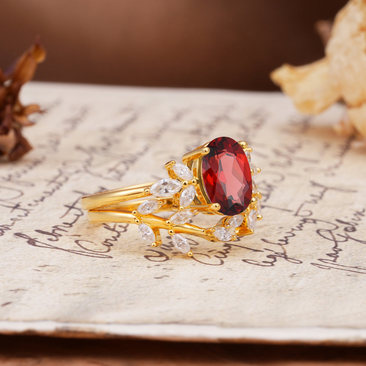 Nature-Inspired, Uniquely Luxurious 4-Prong Oval Cut Garnet Bridal Ring Set - White-Gold