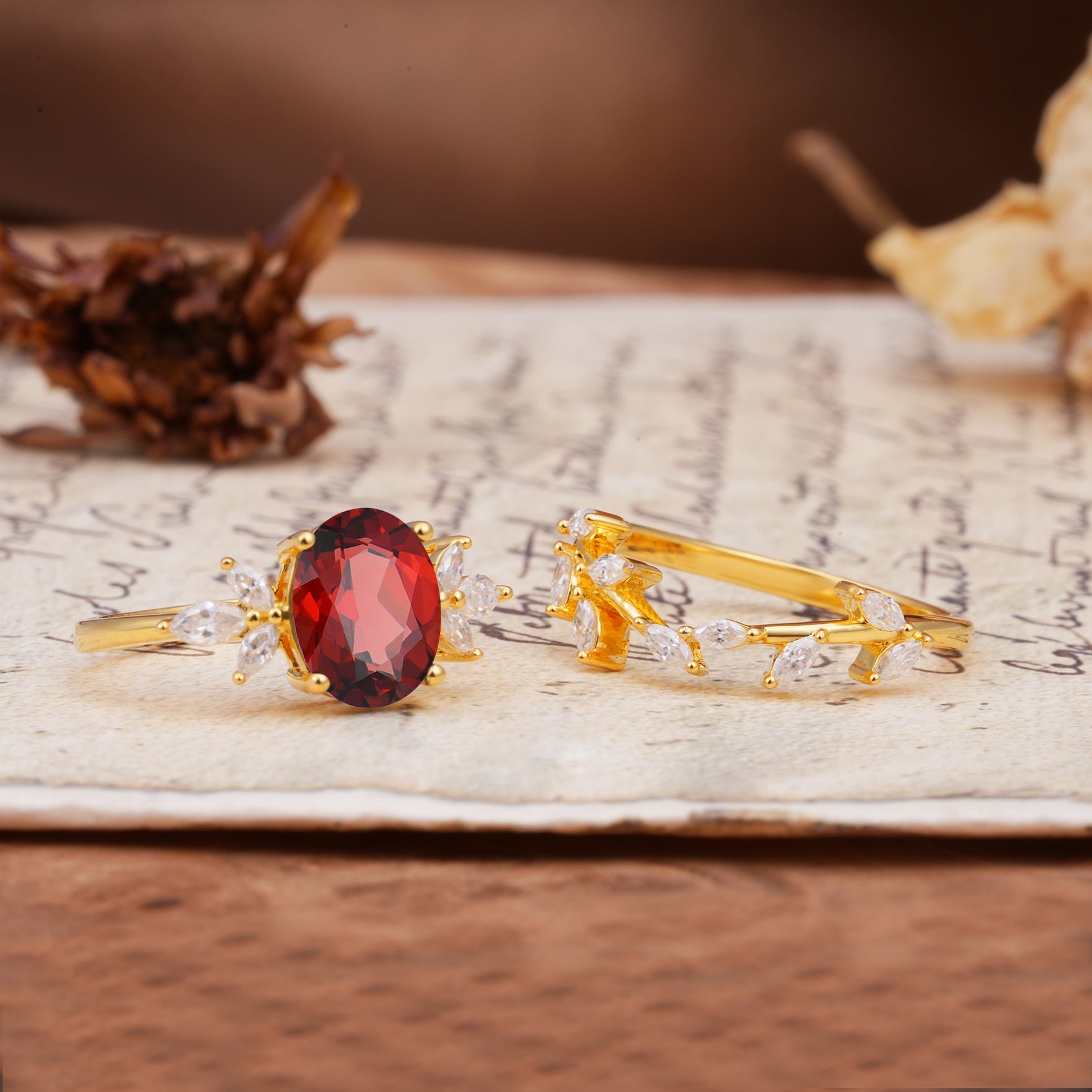 Nature-Inspired, Uniquely Luxurious 4-Prong Oval Cut Garnet Bridal Ring Set - Additional view