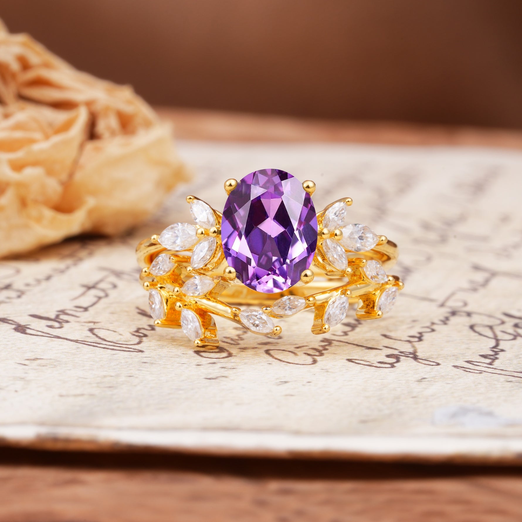 Nature-Inspired, Uniquely Luxurious 4-Prong Oval Cut Amethyst Bridal Ring Set - Yellow-Gold