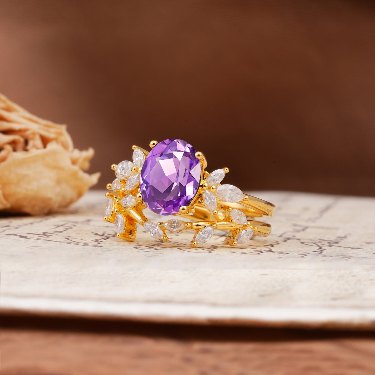 Nature-Inspired, Uniquely Luxurious 4-Prong Oval Cut Amethyst Bridal Ring Set - Rose-Gold