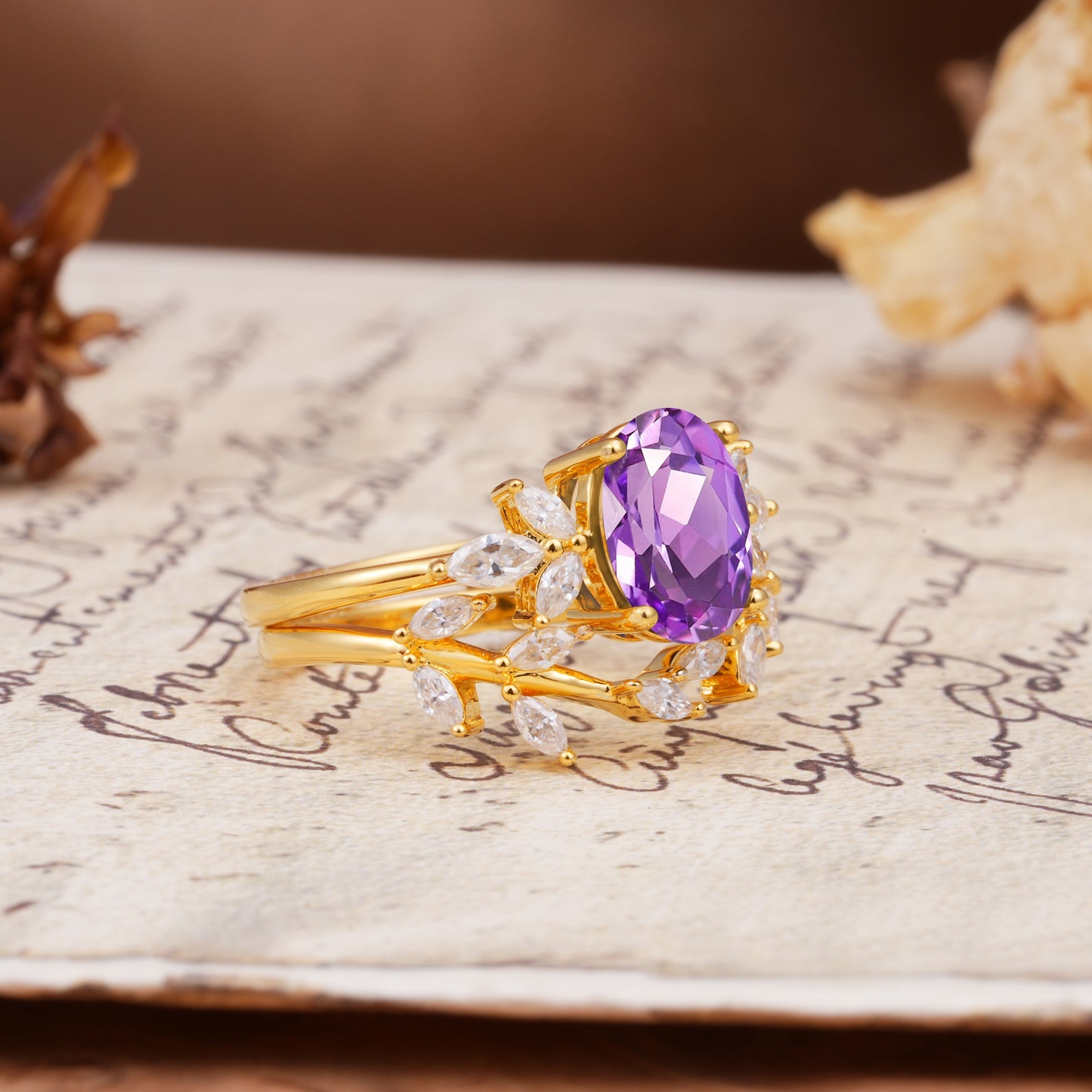 Nature-Inspired, Uniquely Luxurious 4-Prong Oval Cut Amethyst Bridal Ring Set - White-Gold