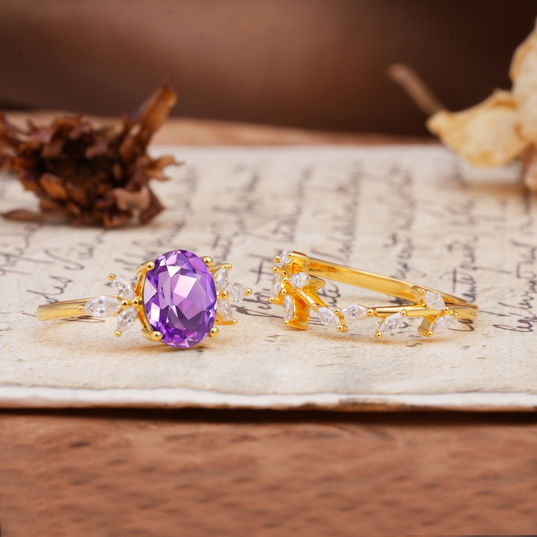 Nature-Inspired, Uniquely Luxurious 4-Prong Oval Cut Amethyst Bridal Ring Set - Additional view