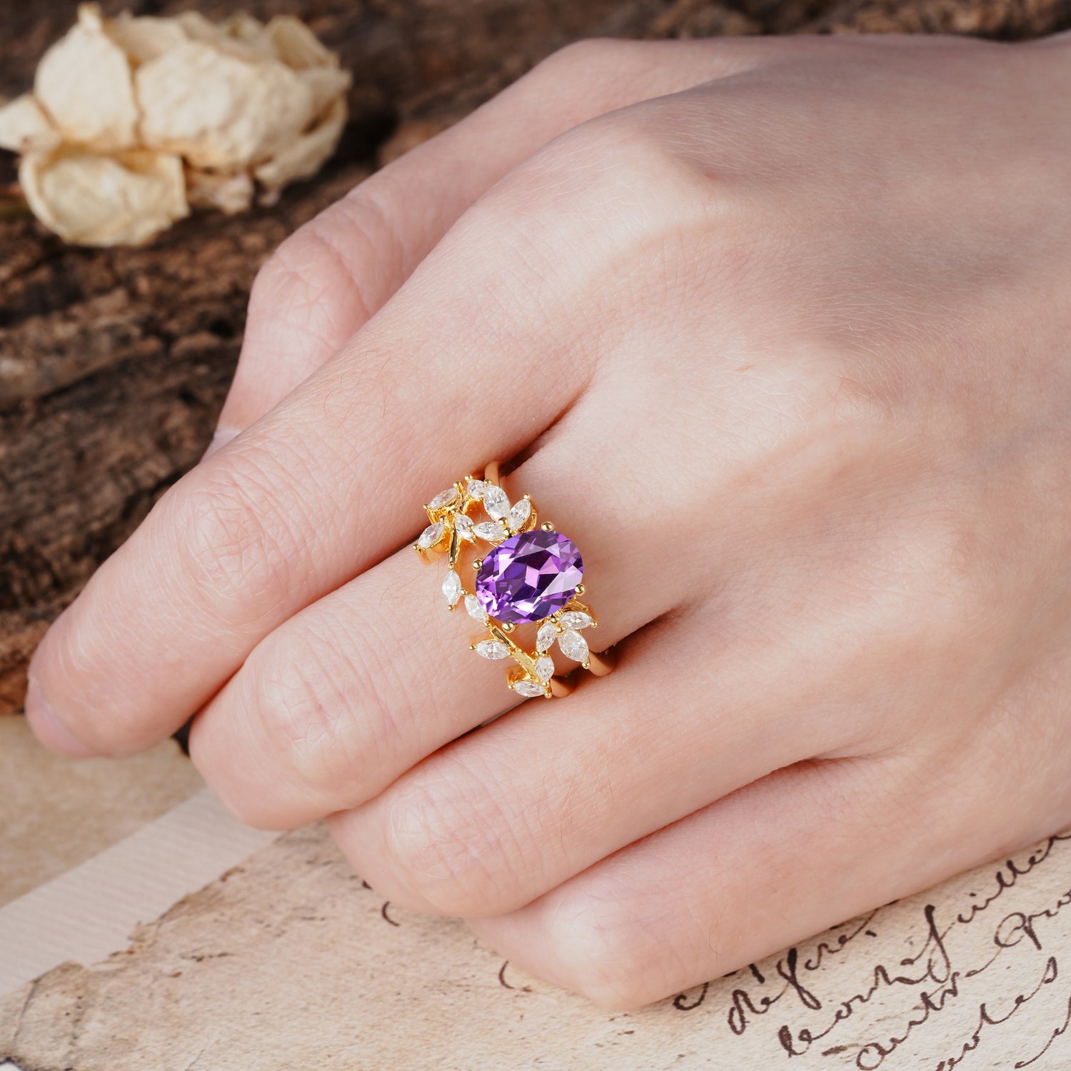 Nature-Inspired, Uniquely Luxurious 4-Prong Oval Cut Amethyst Bridal Ring Set