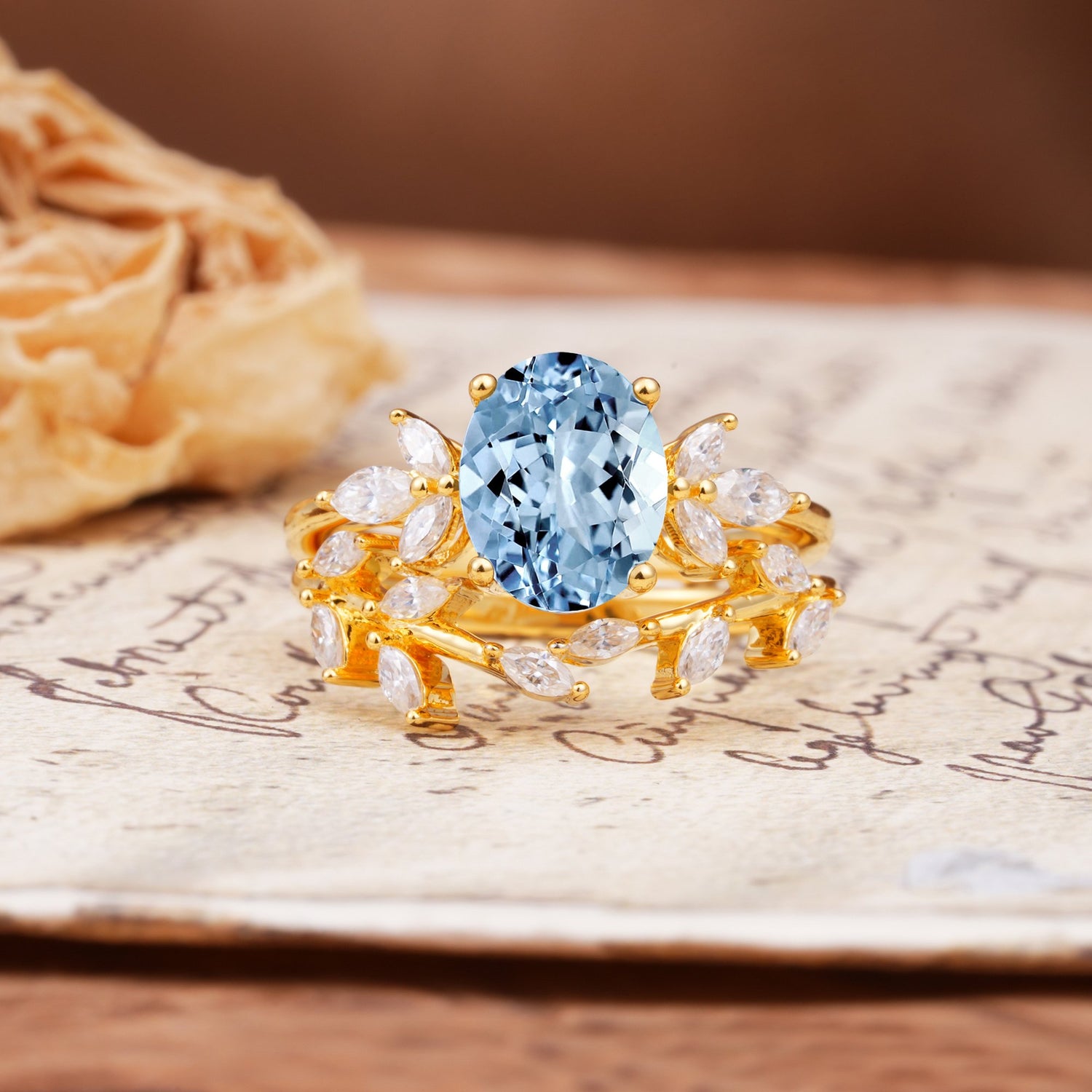 Naturally Inspired Luxury 4-Prong Oval Cut Aquamarine Bride Ring Set