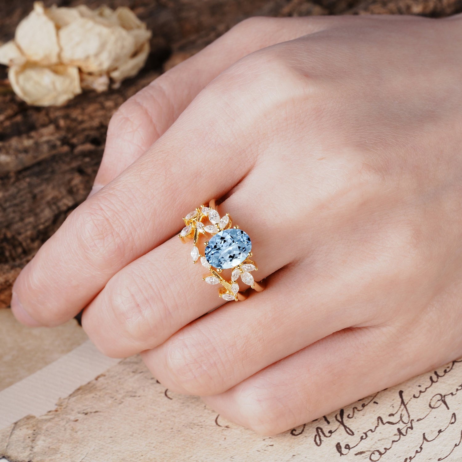 Naturally Inspired Luxury 4-Prong Oval Cut Aquamarine Bride Ring Set