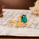 Naturally Inspired Luxury 4-Prong Pear Cut Emerald Wedding Bride Ring Set - White-Gold