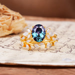 Nature-Inspired, Uniquely Luxurious 4-Prong Oval Cut Alexandrite Bridal Ring Set - Yellow-Gold