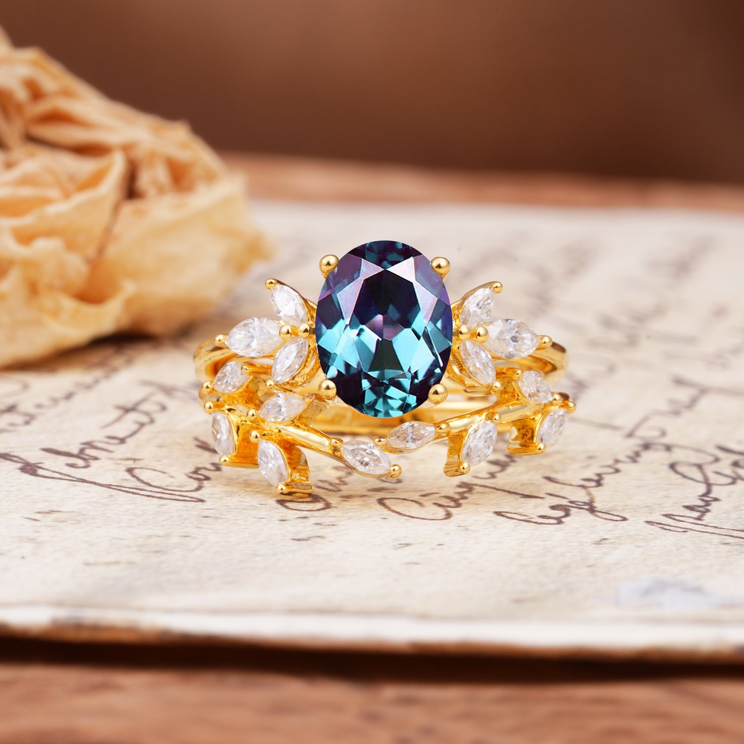 Nature-Inspired, Uniquely Luxurious 4-Prong Oval Cut Alexandrite Bridal Ring Set - Yellow-Gold