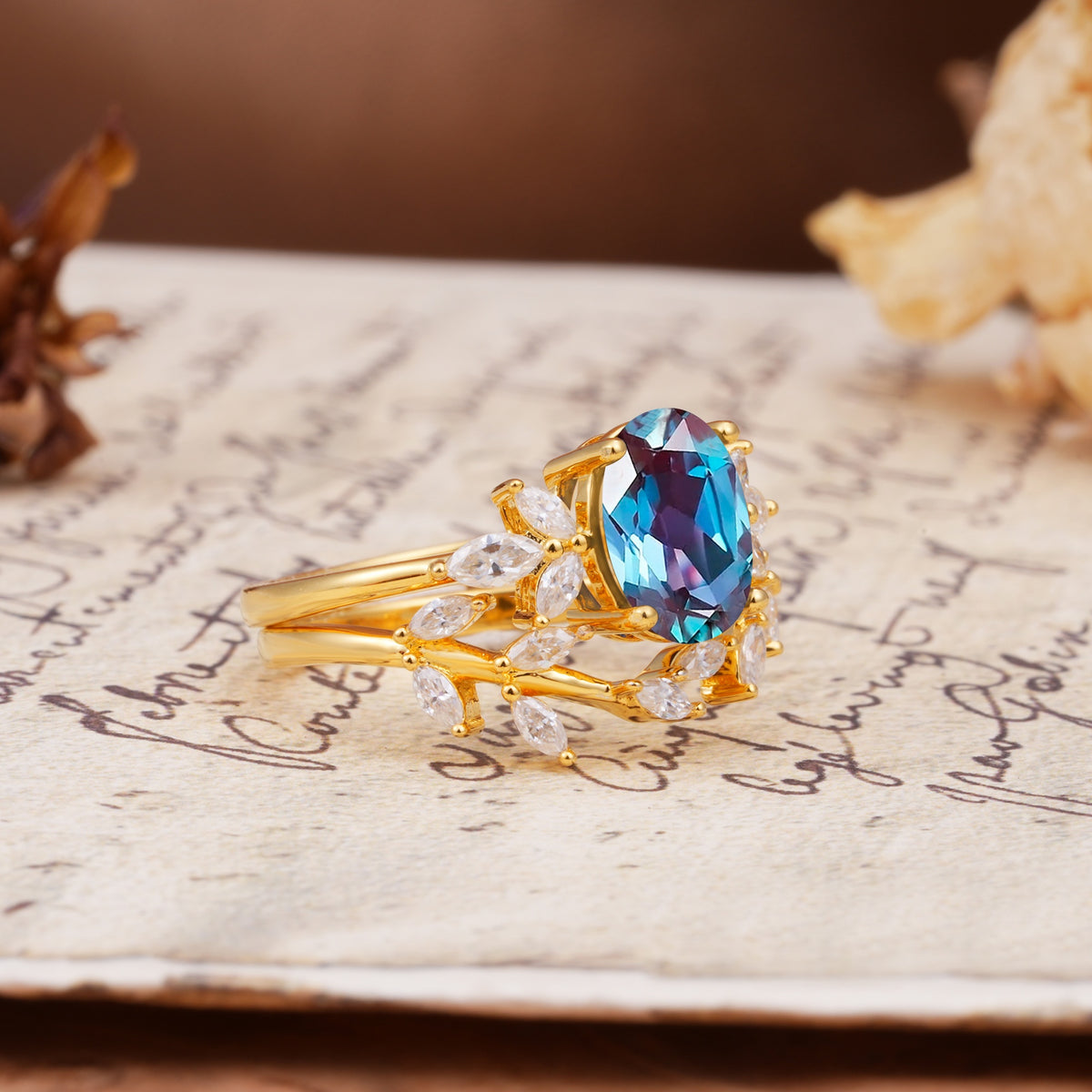 Nature-Inspired, Uniquely Luxurious 4-Prong Oval Cut Alexandrite Bridal Ring Set - White-Gold