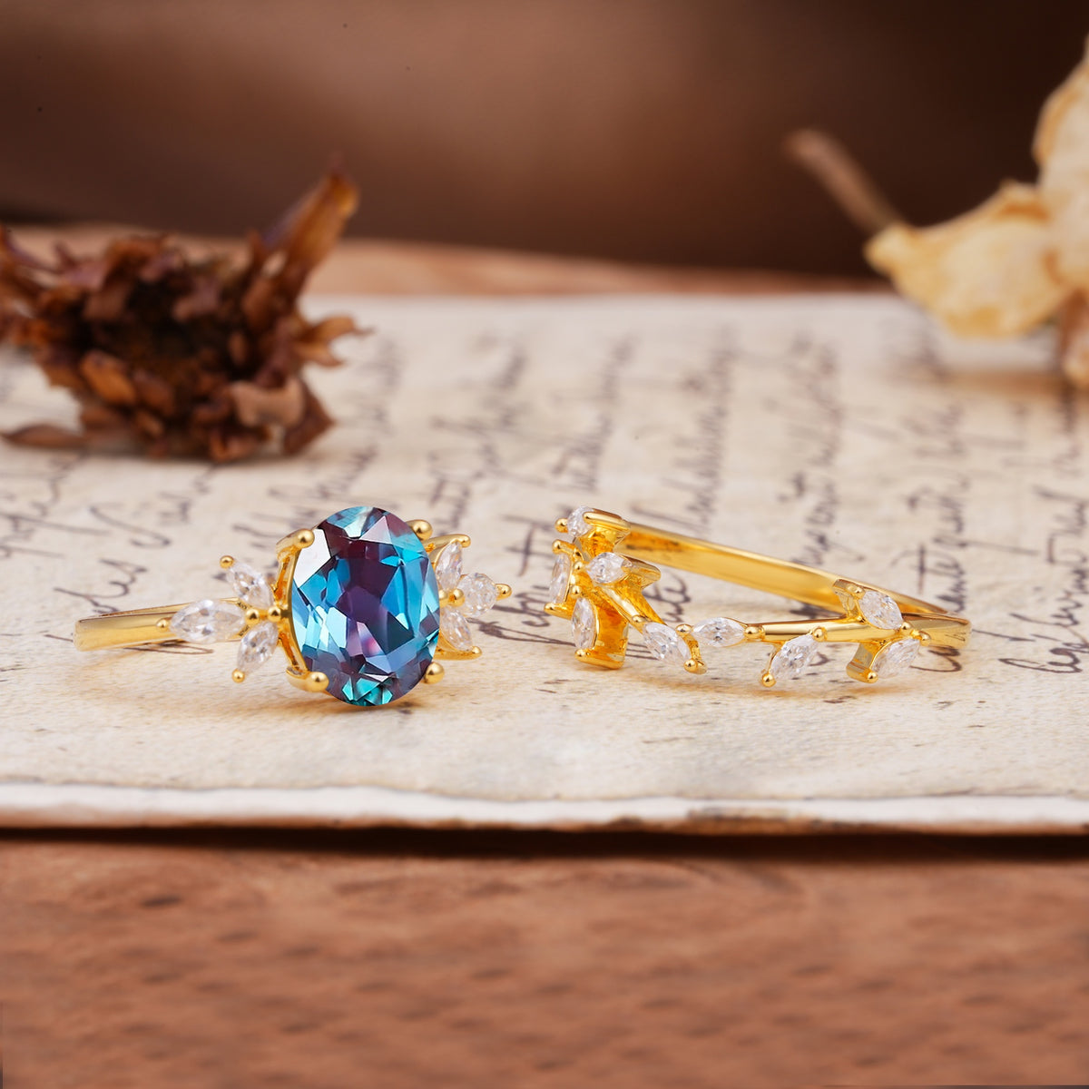 Nature-Inspired, Uniquely Luxurious 4-Prong Oval Cut Alexandrite Bridal Ring Set - Additional view