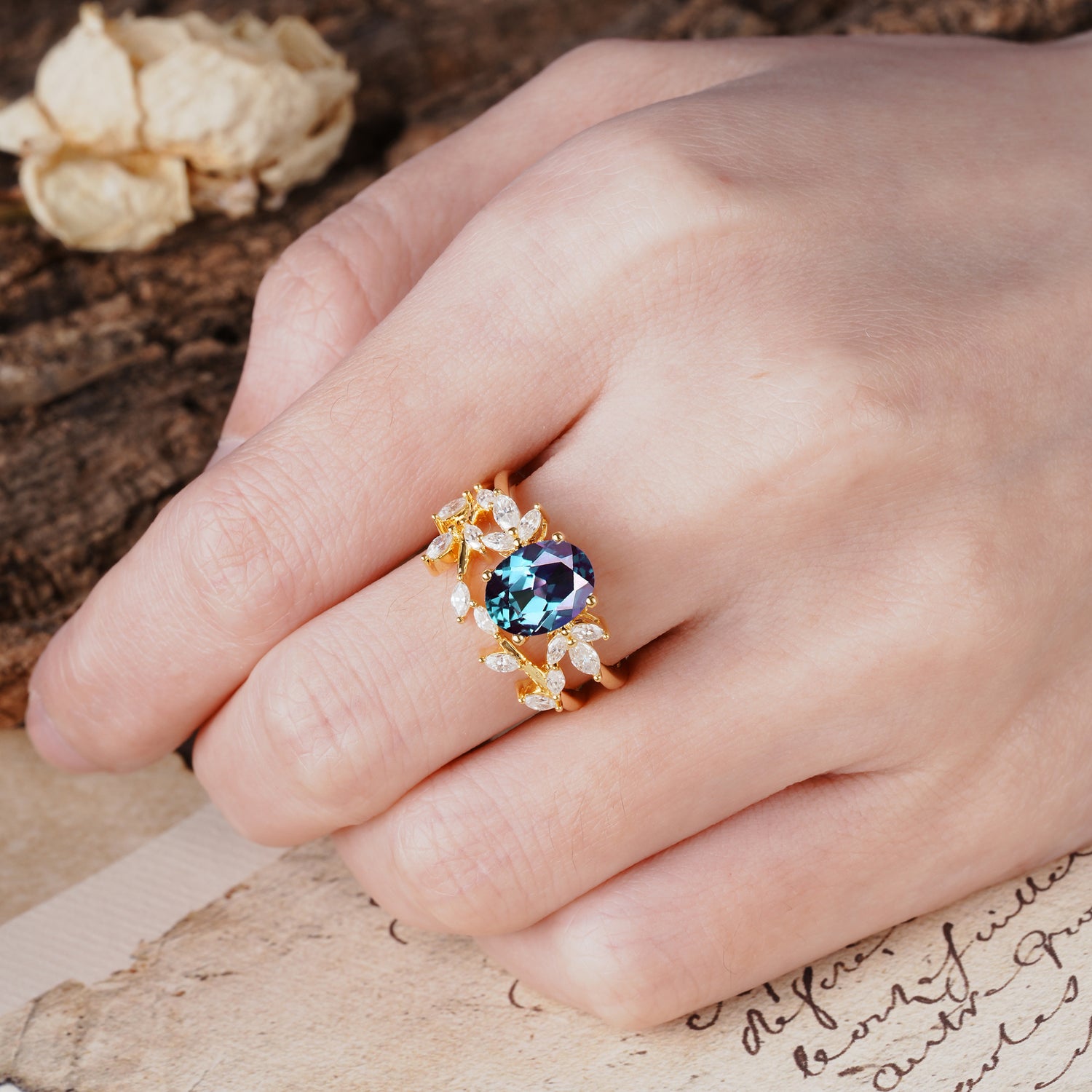 Nature-Inspired, Uniquely Luxurious 4-Prong Oval Cut Alexandrite Bridal Ring Set
