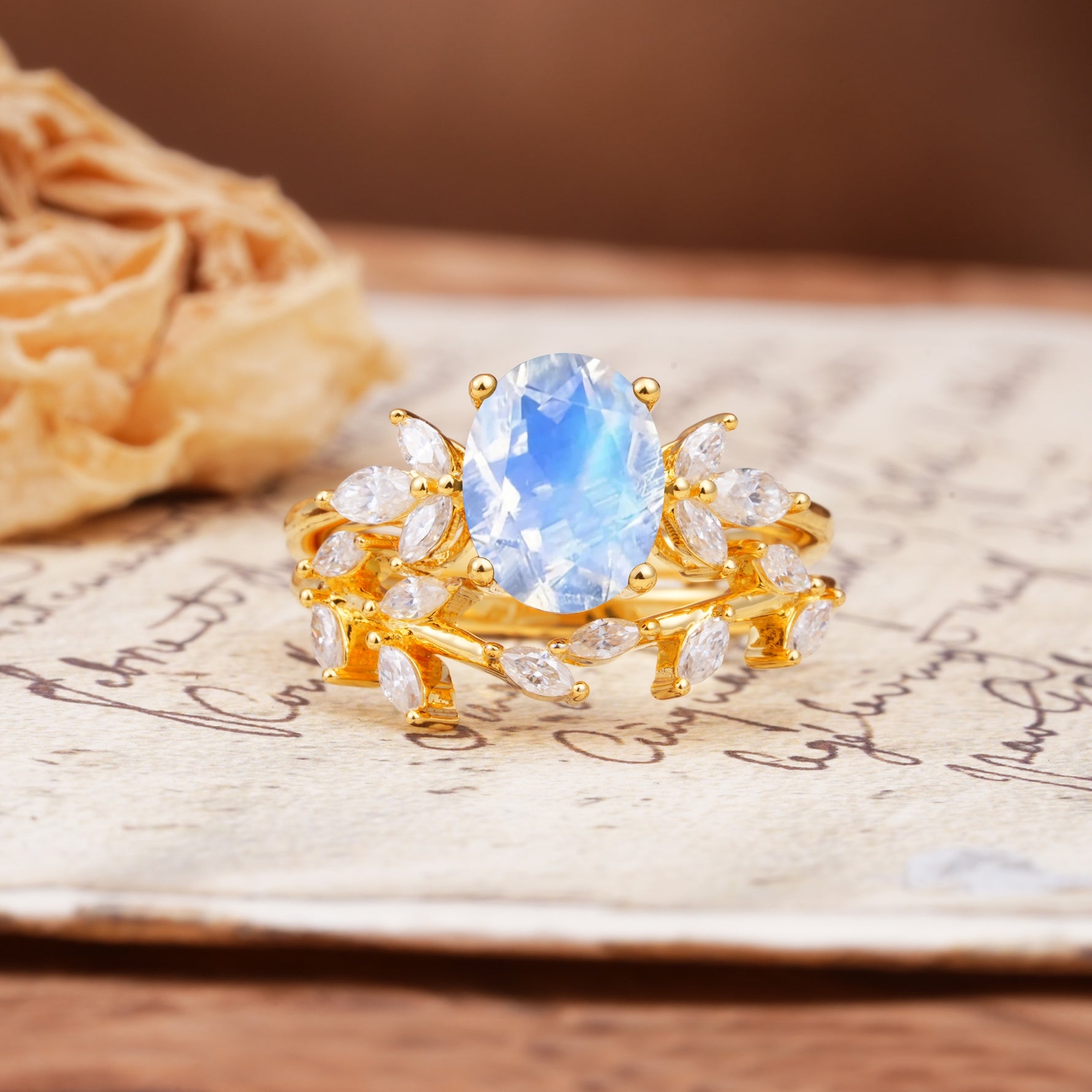 Nature-Inspired, Uniquely Luxurious 4-Prong Oval Cut Moonstone Bridal Ring Set - Yellow-Gold