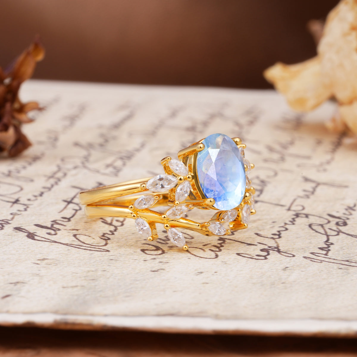 Nature-Inspired, Uniquely Luxurious 4-Prong Oval Cut Moonstone Bridal Ring Set - White-Gold