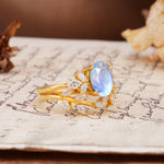 Nature-Inspired, Uniquely Luxurious 4-Prong Oval Cut Moonstone Bridal Ring Set - White-Gold