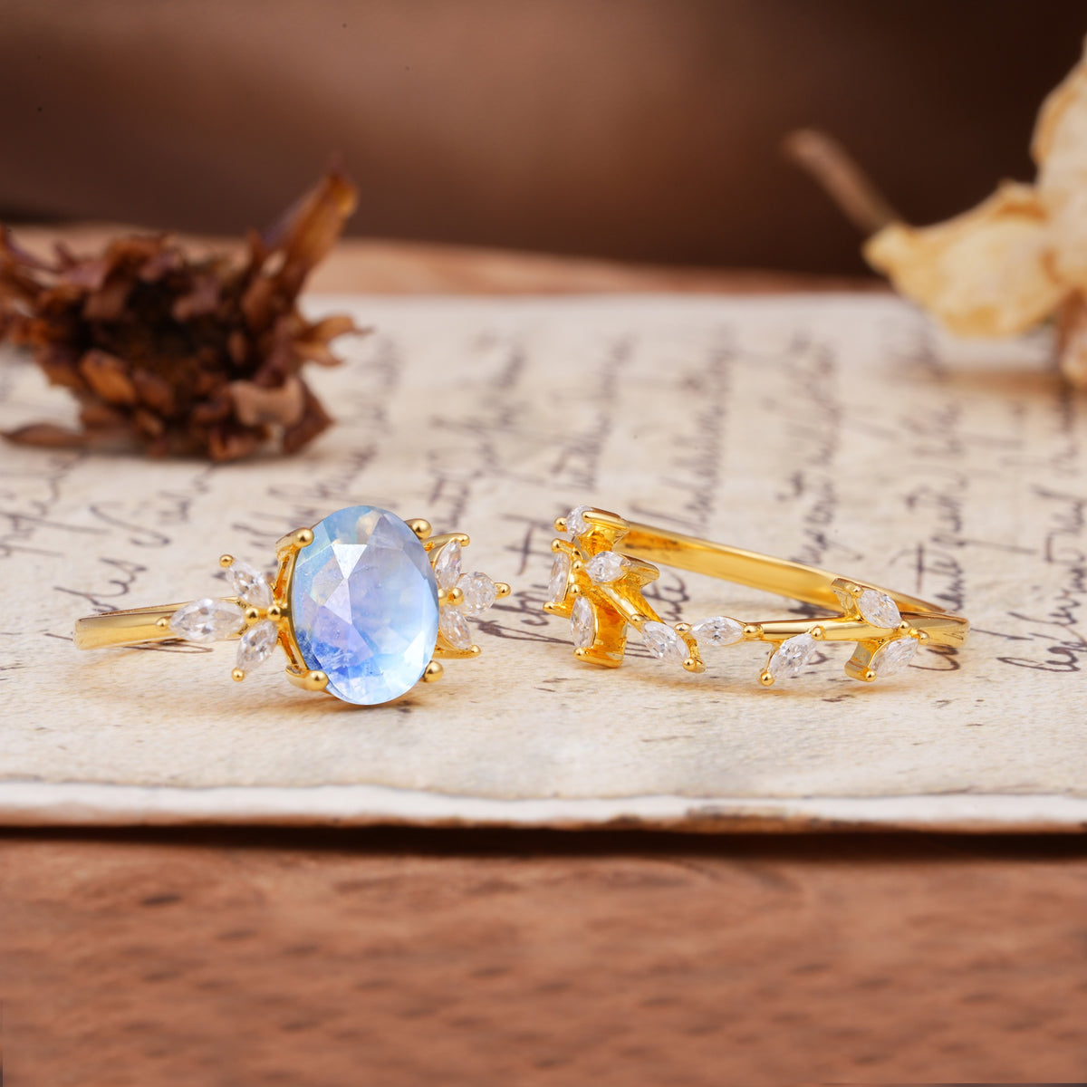 Nature-Inspired, Uniquely Luxurious 4-Prong Oval Cut Moonstone Bridal Ring Set - Additional view