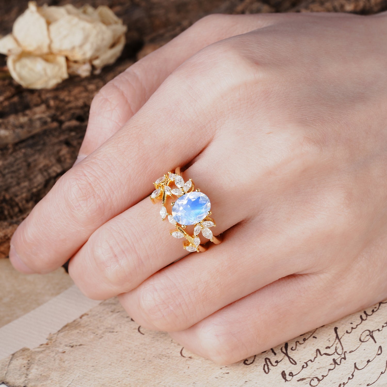 Nature-Inspired, Uniquely Luxurious 4-Prong Oval Cut Moonstone Bridal Ring Set