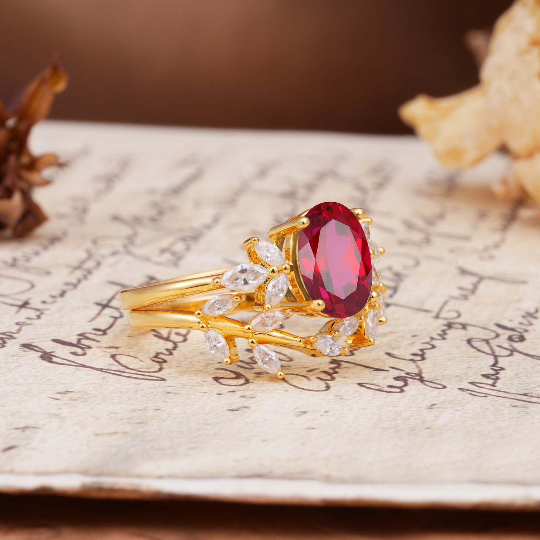 Naturally Inspired Luxury 4-Prong Pear Cut Ruby Wedding Bride Ring Set - White-Gold