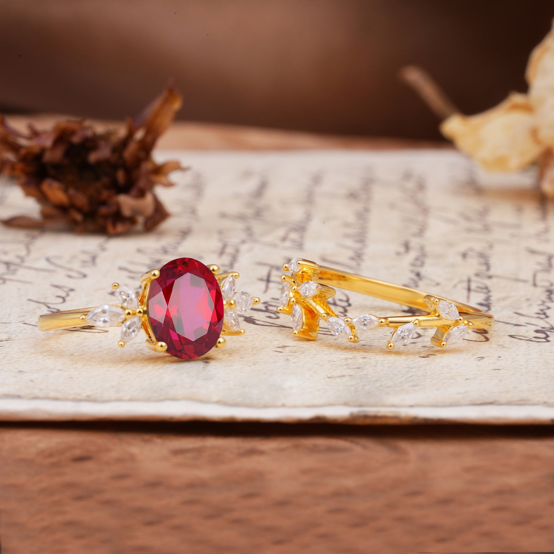 Naturally Inspired Luxury 4-Prong Pear Cut Ruby Wedding Bride Ring Set - Additional view