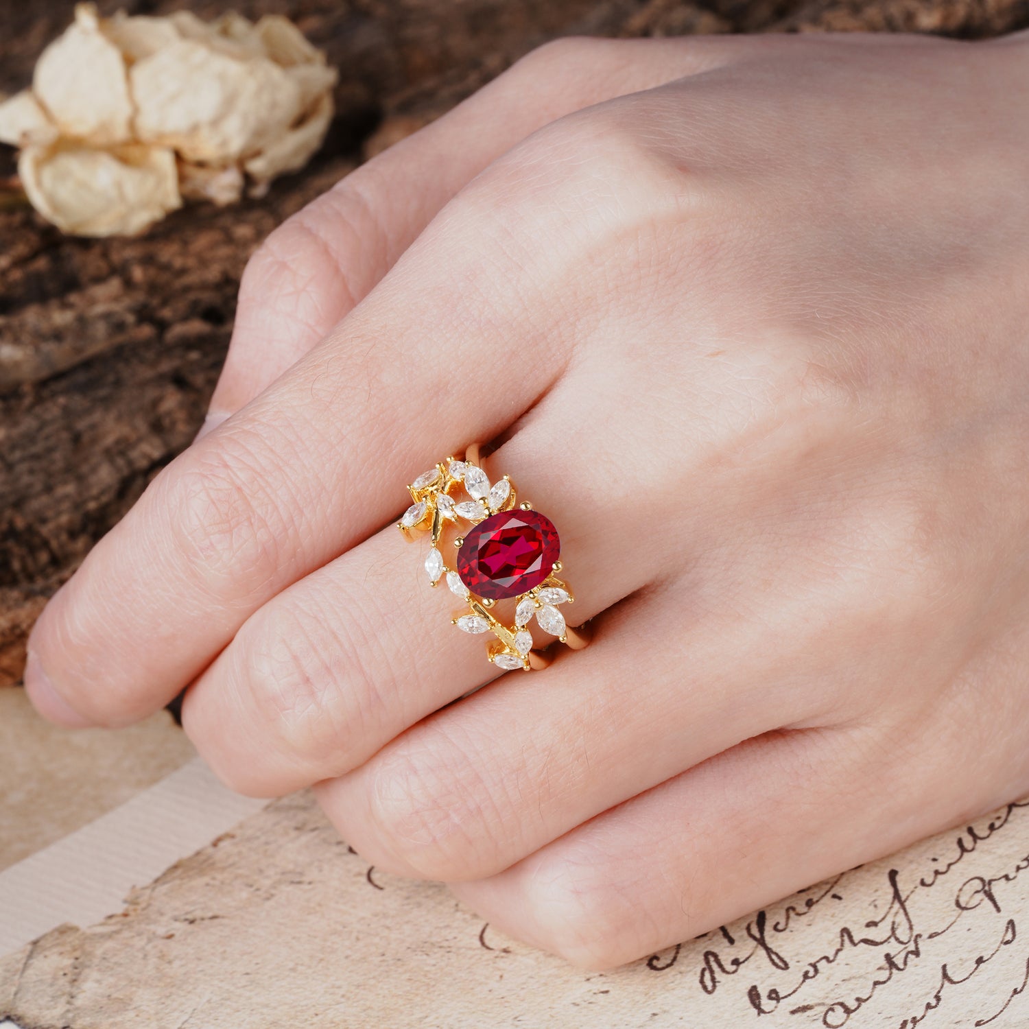 Naturally Inspired Luxury 4-Prong Oval Cut Ruby Bride Ring Set