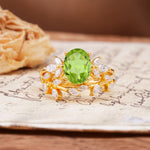 Nature-Inspired, Uniquely Luxurious 4-Prong Oval Cut Peridot Bridal Ring Set - Yellow-Gold