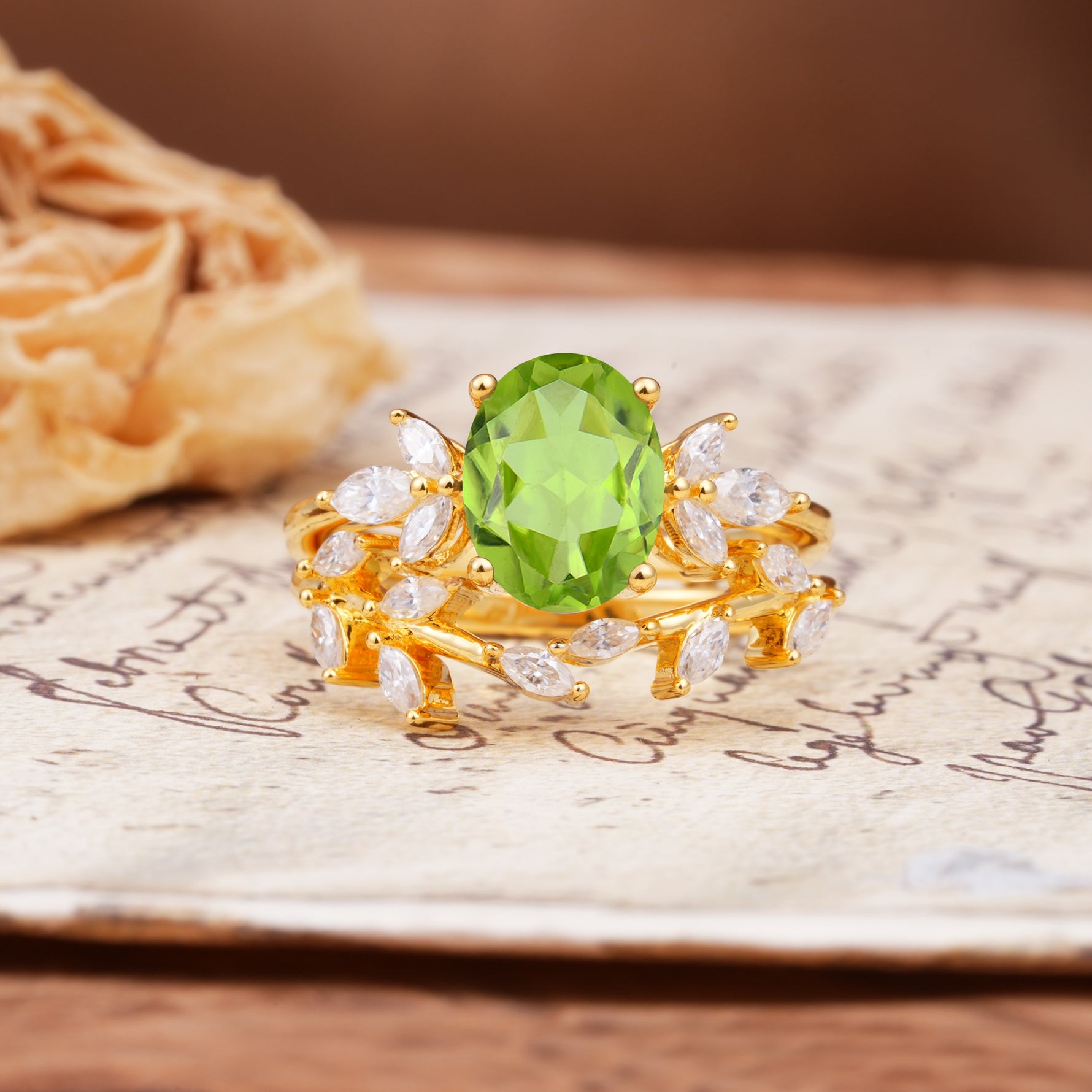 Nature-Inspired, Uniquely Luxurious 4-Prong Oval Cut Peridot Bridal Ring Set - Yellow-Gold