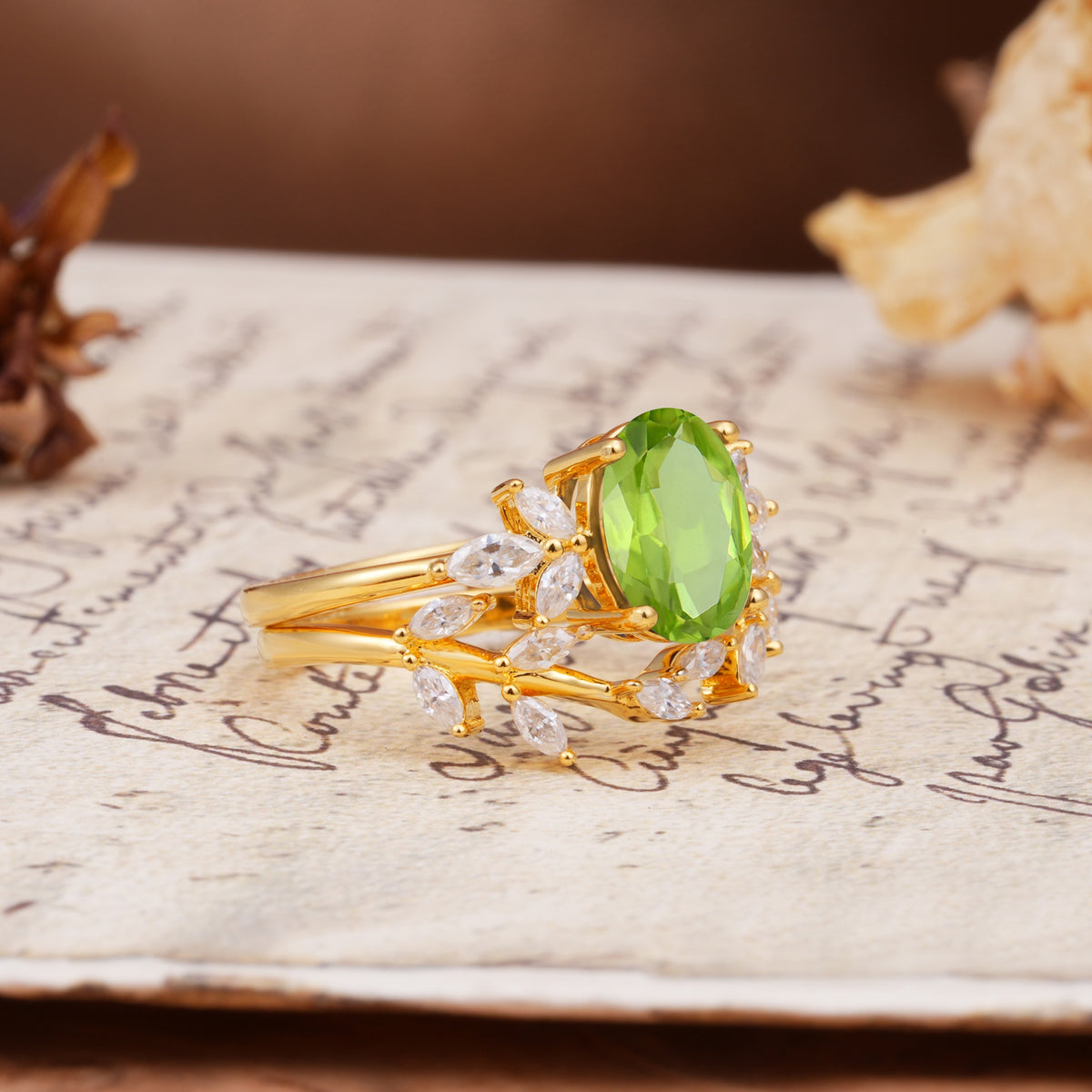 Nature-Inspired, Uniquely Luxurious 4-Prong Oval Cut Peridot Bridal Ring Set - White-Gold