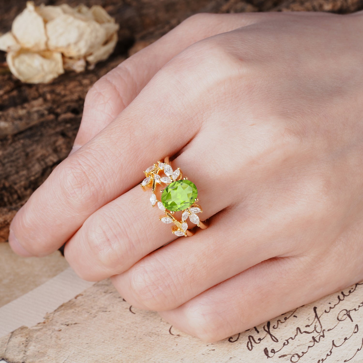 Nature-Inspired, Uniquely Luxurious 4-Prong Oval Cut Peridot Bridal Ring Set