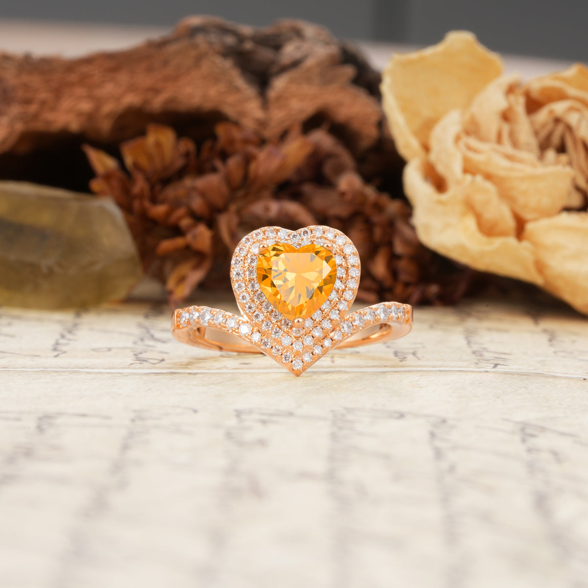 Luxurious and Unique 3-Prong Heart Cut Citrine Engagement Ring - Additional view