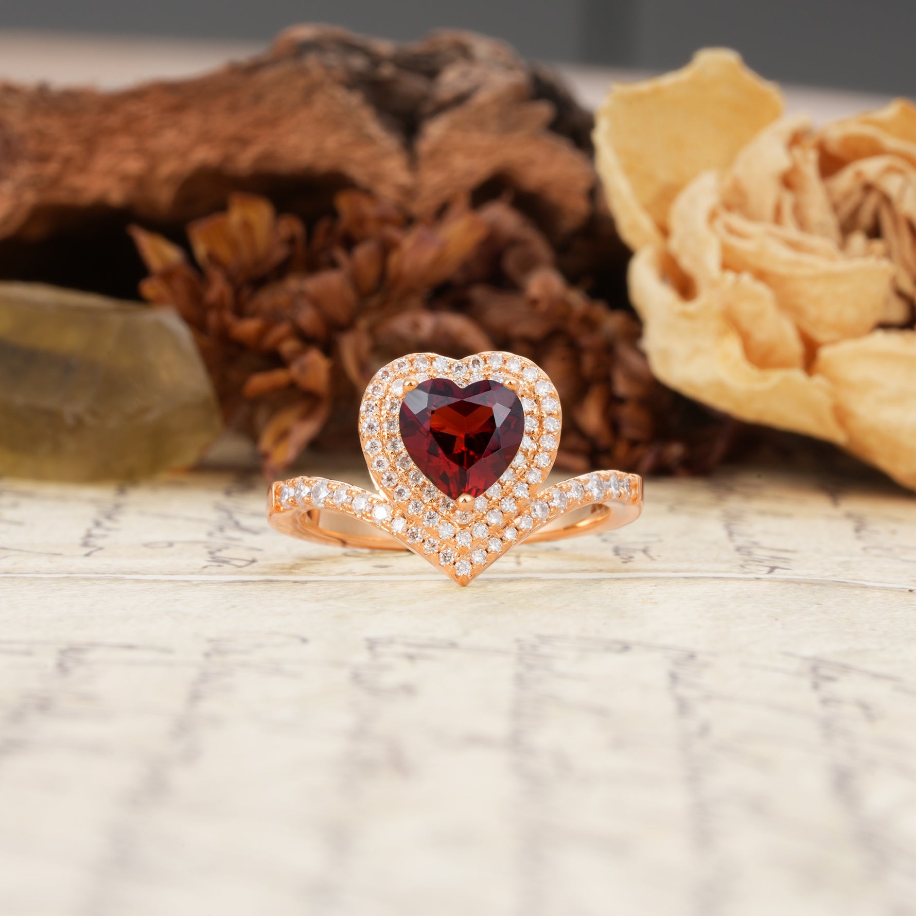 Luxurious and Unique 3-Prong Heart Cut Garnet Engagement Ring - Additional view
