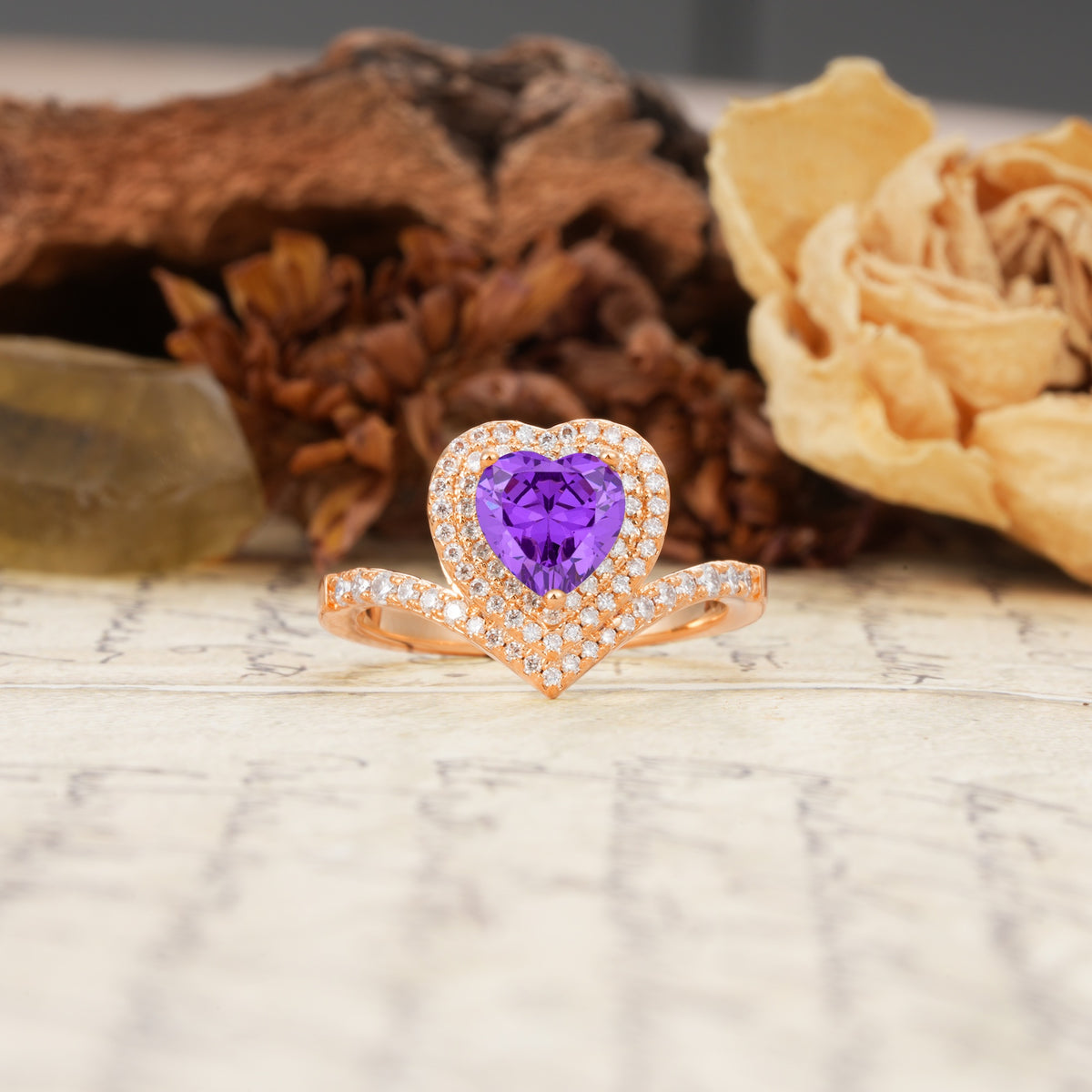 Luxurious and Unique 3-Prong Heart Cut Amethyst Engagement Ring - Additional view