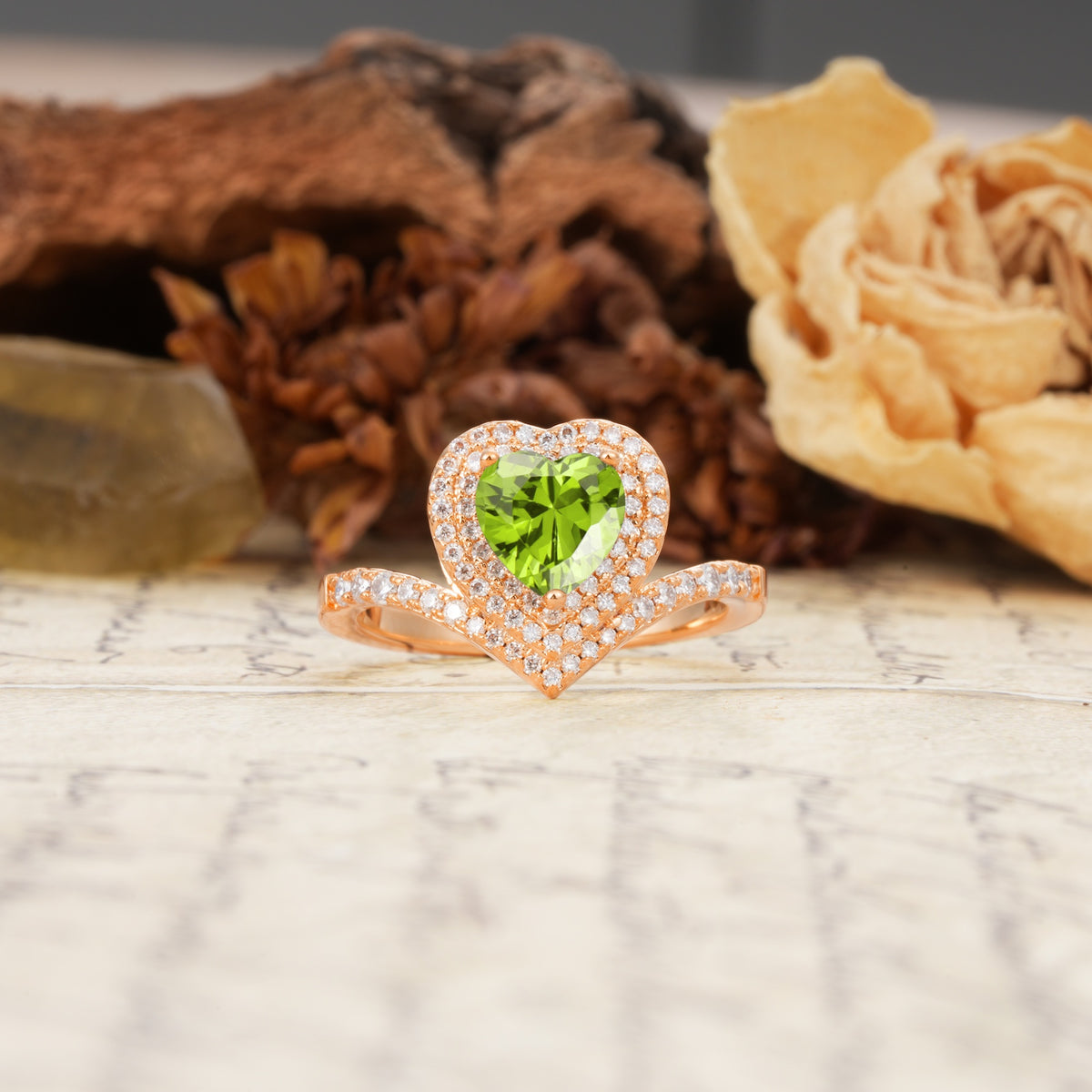 Luxurious and Unique 3-Prong Heart Cut Peridot Engagement Ring - Additional view